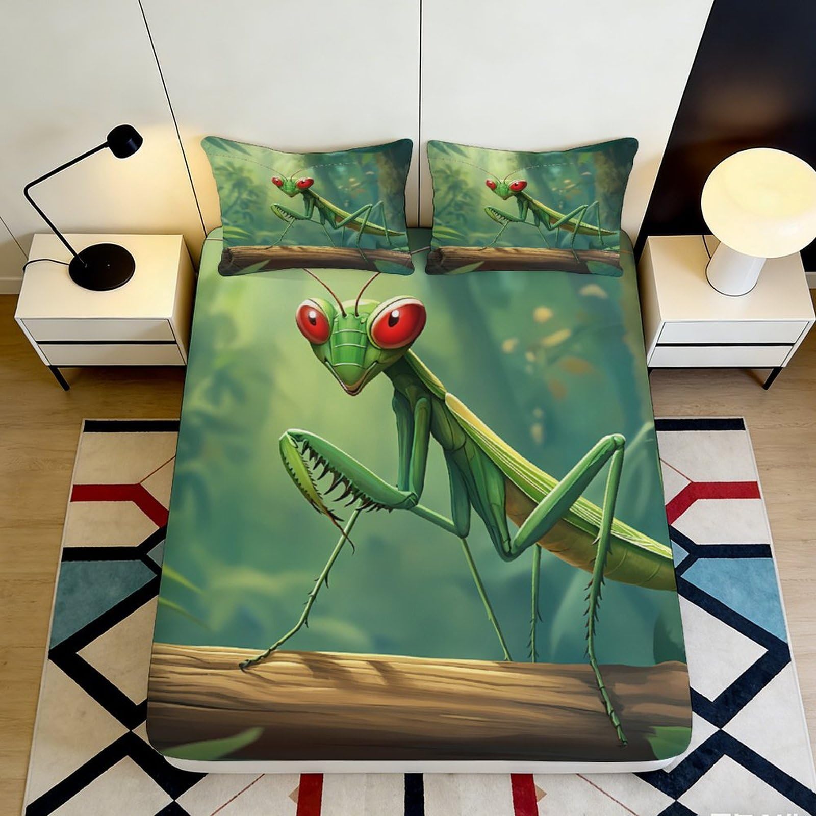 3D Printed Praying Mantis Fitted Sheet Microfiber Soft Breathable Forest Insect Bed Cover for Bedroom Dorm Decor 90x200x25cm