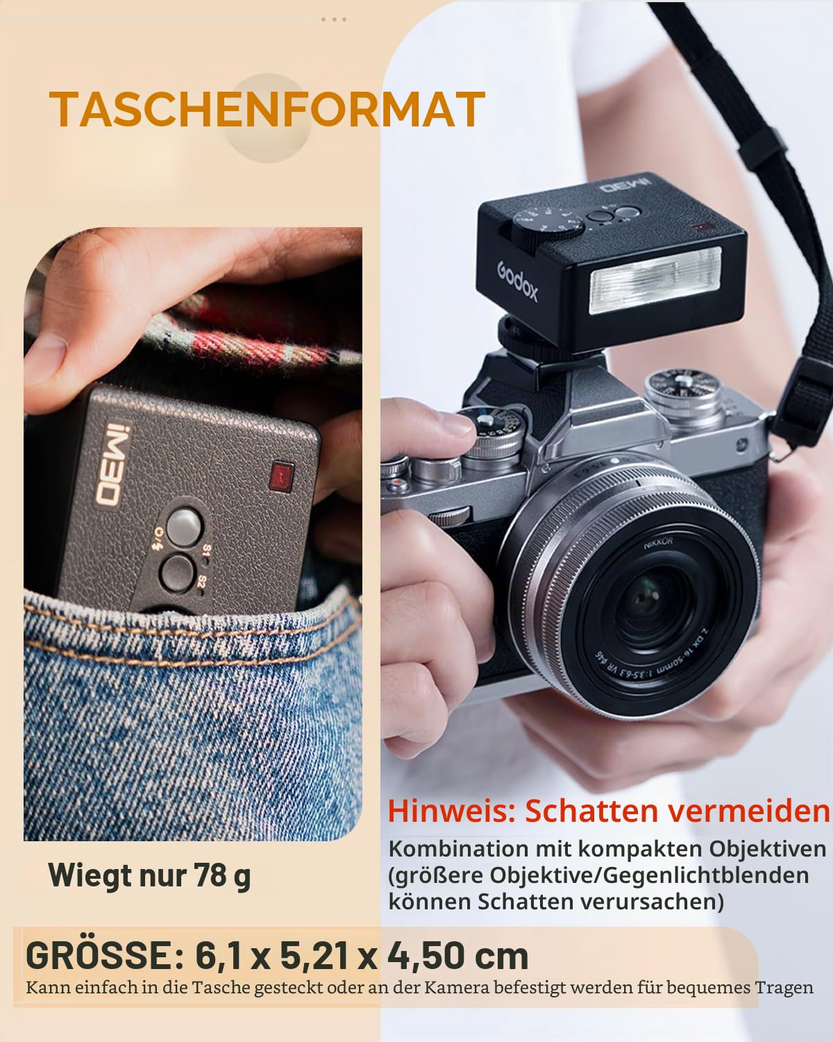Godox iM30 Mini-Blitz, Speedlite Kompatibel mit Sony ZV1/ZV-E10, Canon, Nikon, Fuji und Ricoh GR3, GN15 Leistung mit 7 einstellbaren Stufen, 6500 K Tageslichtausgleichsblitz, 3,6 s Wiederholungszeit,