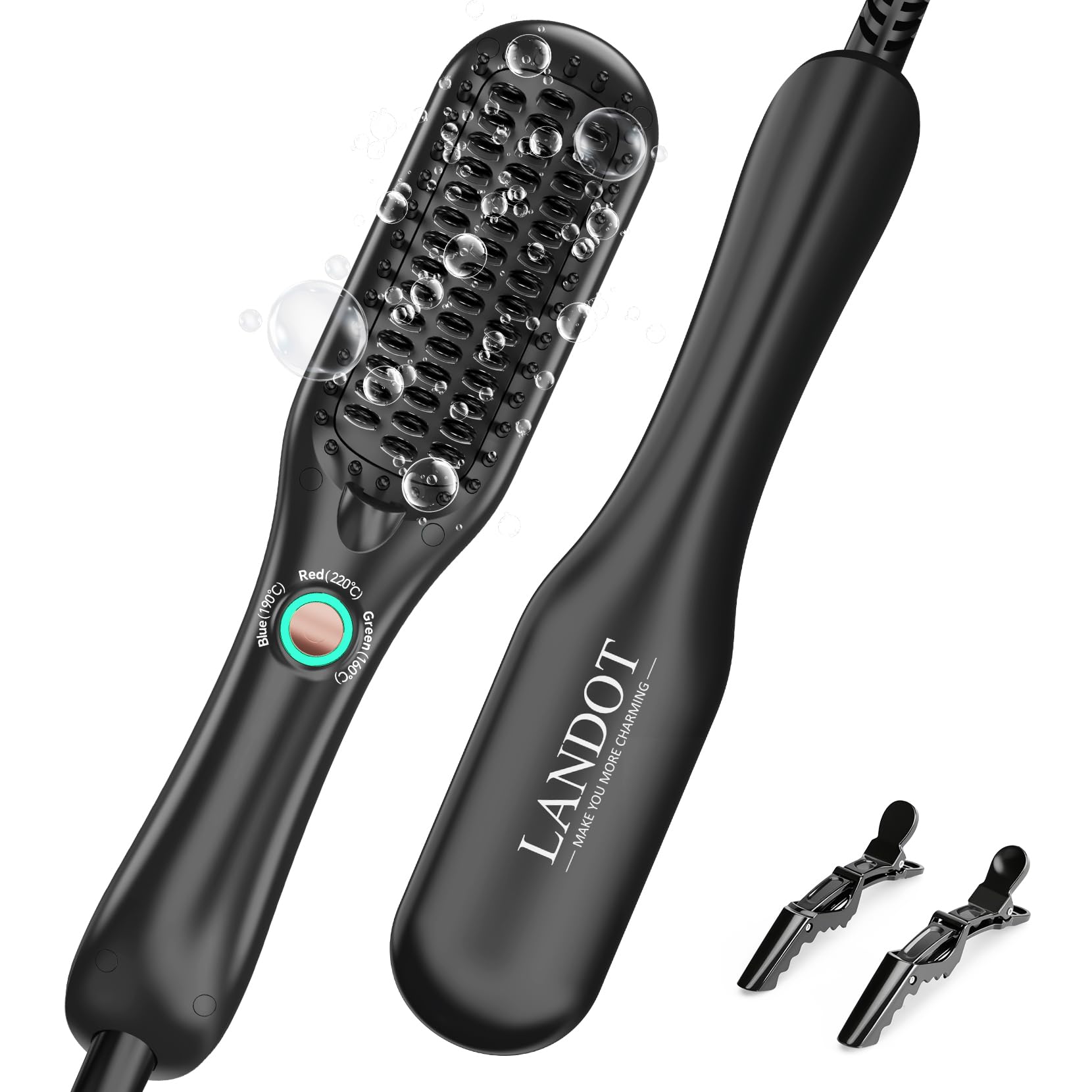 LANDOT Mini Brosse Lissante Filaire –Brosse Lissante pour Cheveux Courts à Mi-Longs, Brosse Chauffante Cheveux Court Céramique Ionique, 3 Températures 160°C-220°C – Anti-Frisottis (Noir)