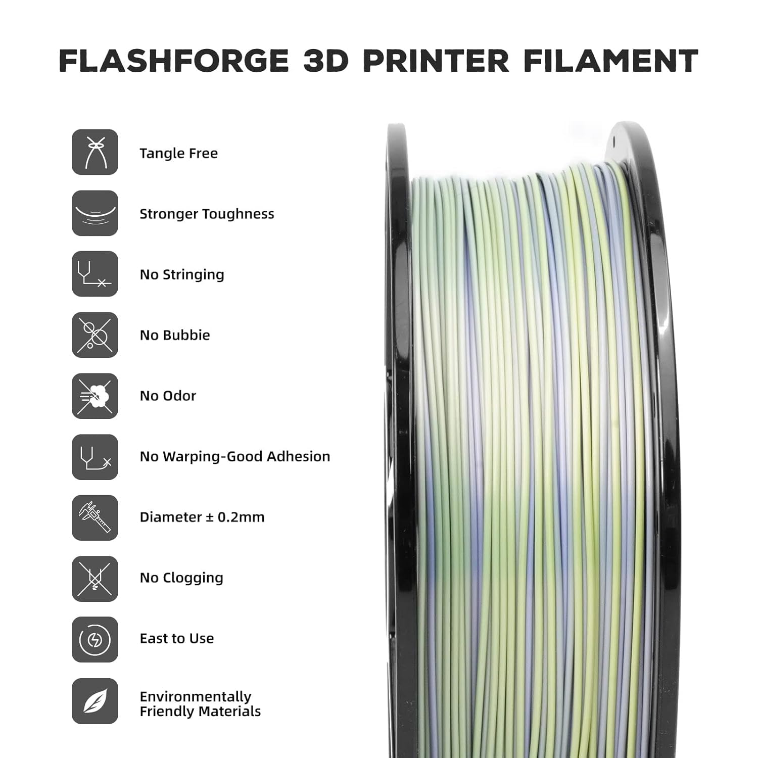 Flashforge PLA Seide 3D-Drucker-Filamente, 1,75 mm, Regenbogen, 1 kg