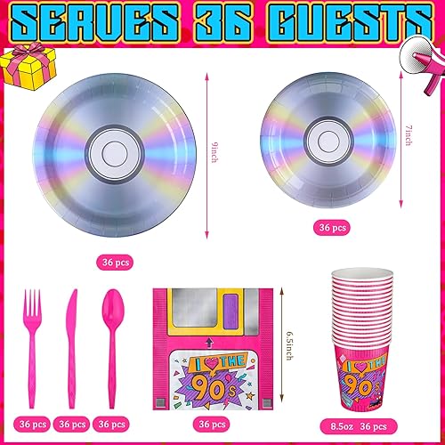 Miniatura 2 de Yungyan Juego de 252 platos y servilletas retro de los años 90, decoraciones de fiesta con texto en inglés "I Love the 90", desechables de vuelta a