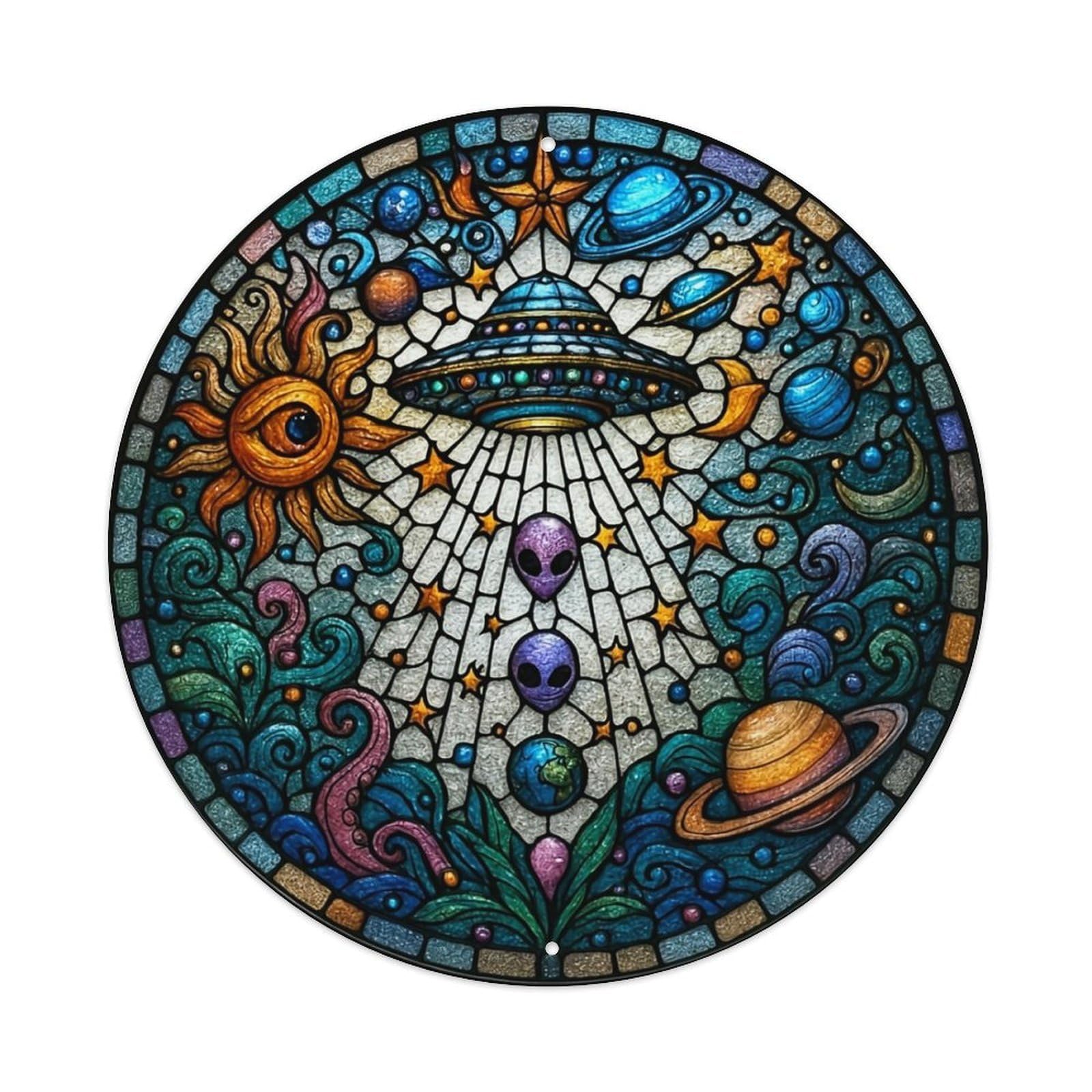 Cosmic Stained Glass Artwork Pattern Retro Metal Sign Round Tin Sign, Vintage Decor Art Poster for Bar, Home, Man Cave, Kitchen, Laundry Room Gift 8x8Inch