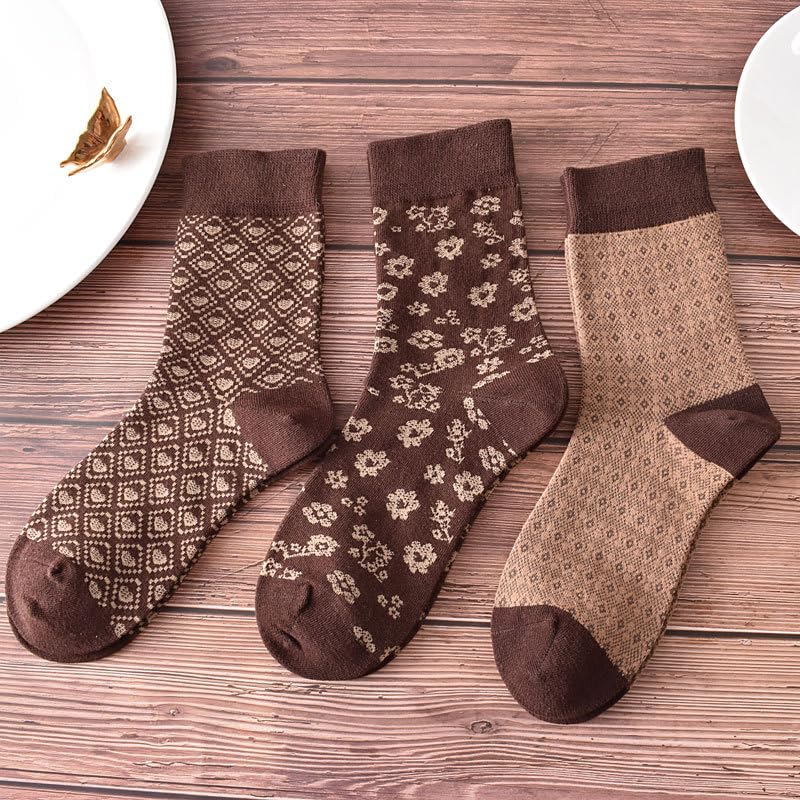 Vintage Gingham Brown Cotton Socks for Women Winter Casual Warm Socks Patterned Walking Socks Crew Socks 5 Pairs3