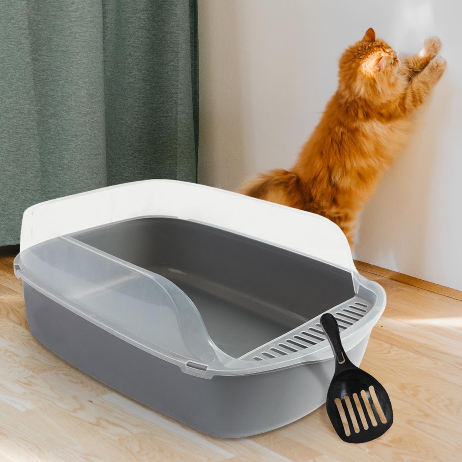 Katzenstreu Schale Semi Geschlossene Katzentoilette mit Hohem Rand Offene Katzentoilette Tragbare Katzenklo Box Einfach zu Reinigen Spritzschutz für, grau