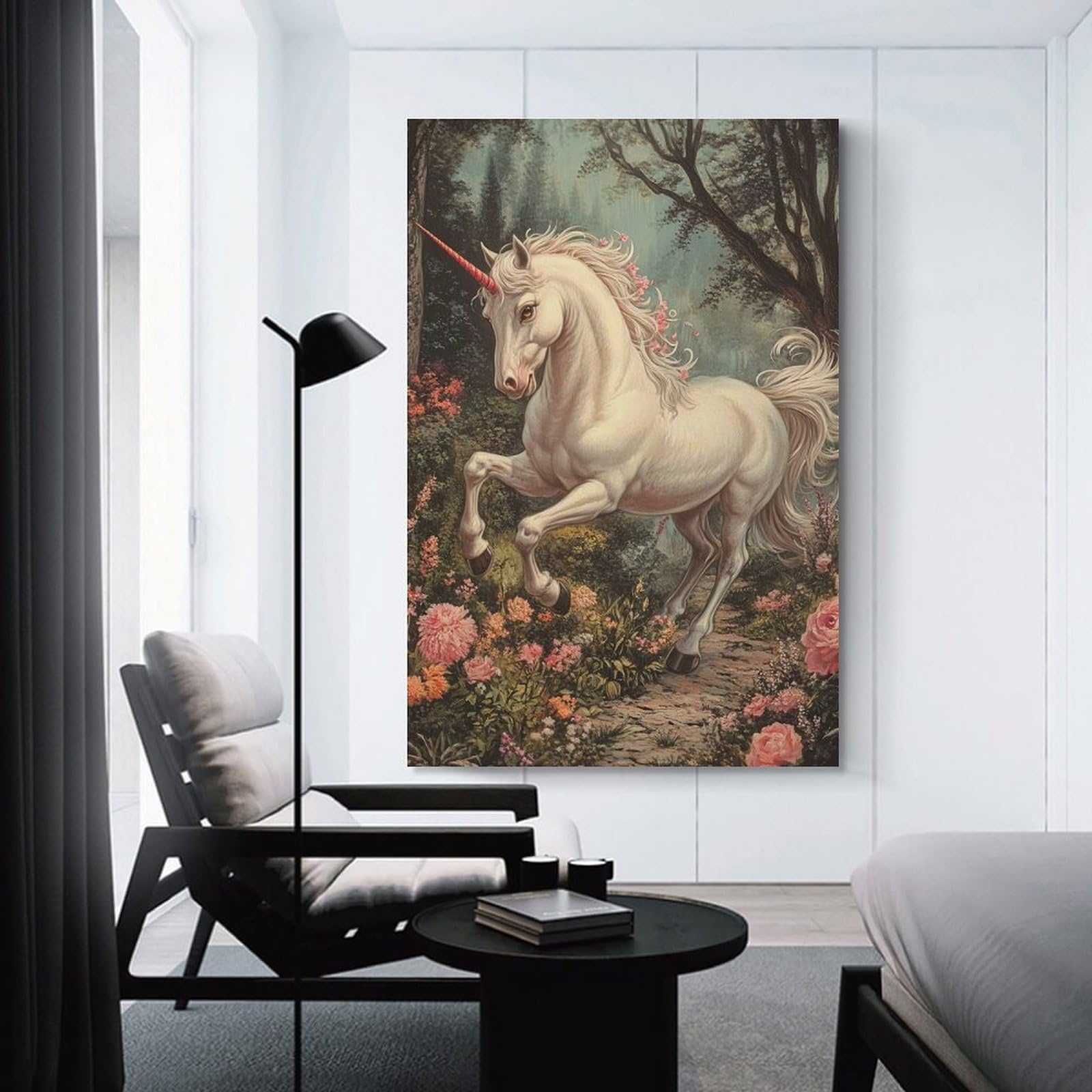 Junmoney Enchanting Unicorn in A Floral Forest Home Decor Wall Art 12x18inch(30x45cm), for Office, Study Or Home Workspace, Home Office Artwork with Decorative Appeal