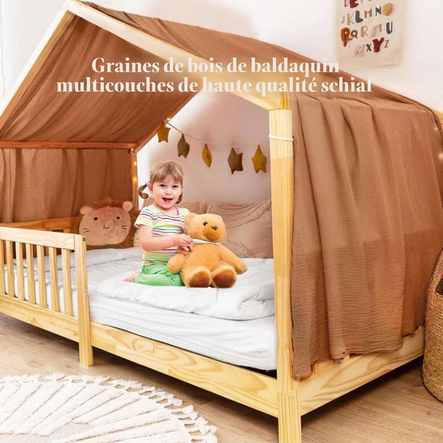 Rodelna Ciel de lit de maison, kit de décoration 100 % mousseline de coton bio, pour fille et garçon, rideau de lit