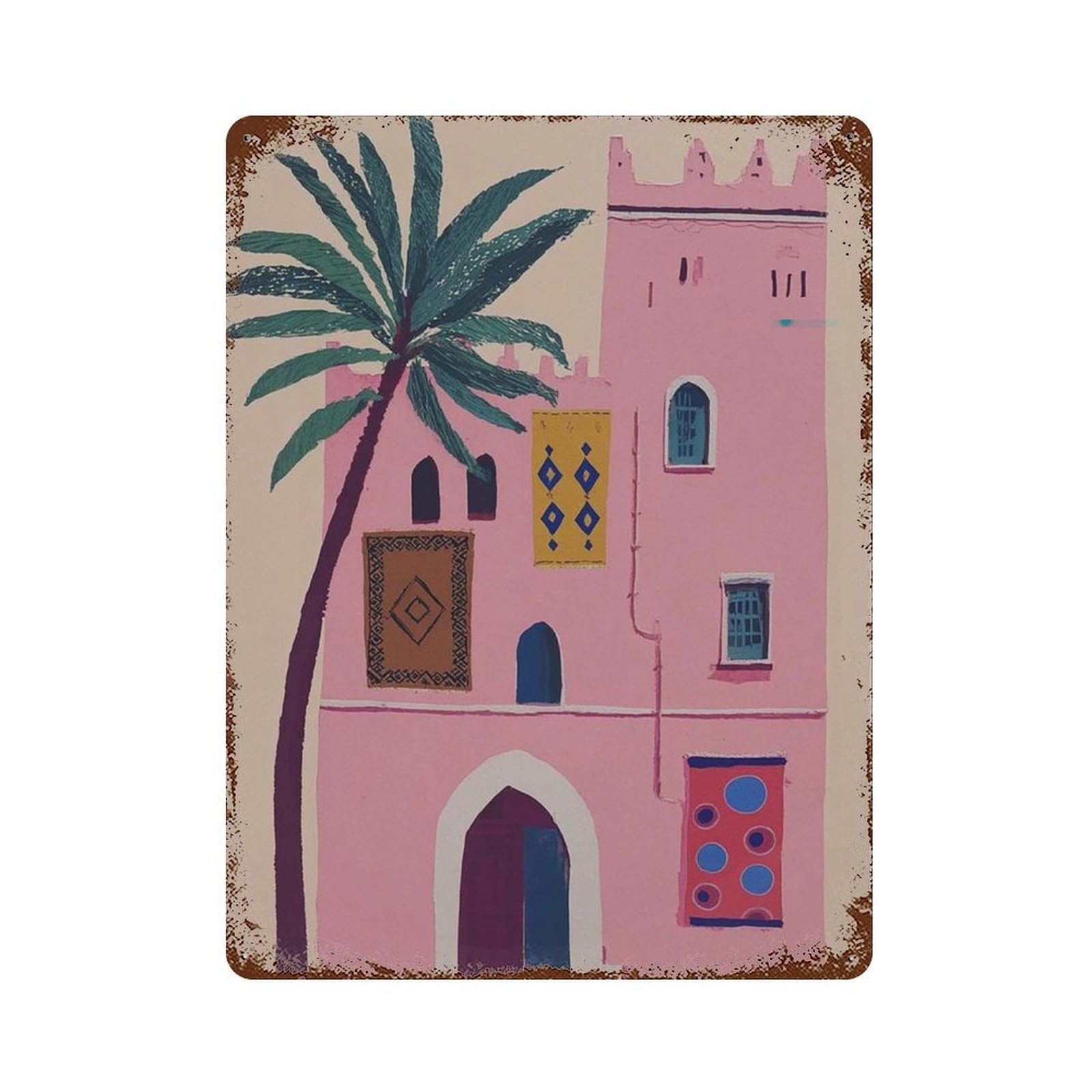 xiaoxiaoshen Moroccan Gouache Painting Pink Marrakech Architecture Palm Tree Boho Travel Exot Wall Decor Art Metal Tin Poster Modern Home Decor Art Home Bar Shop Decorations Vintage Sign 40x30cm