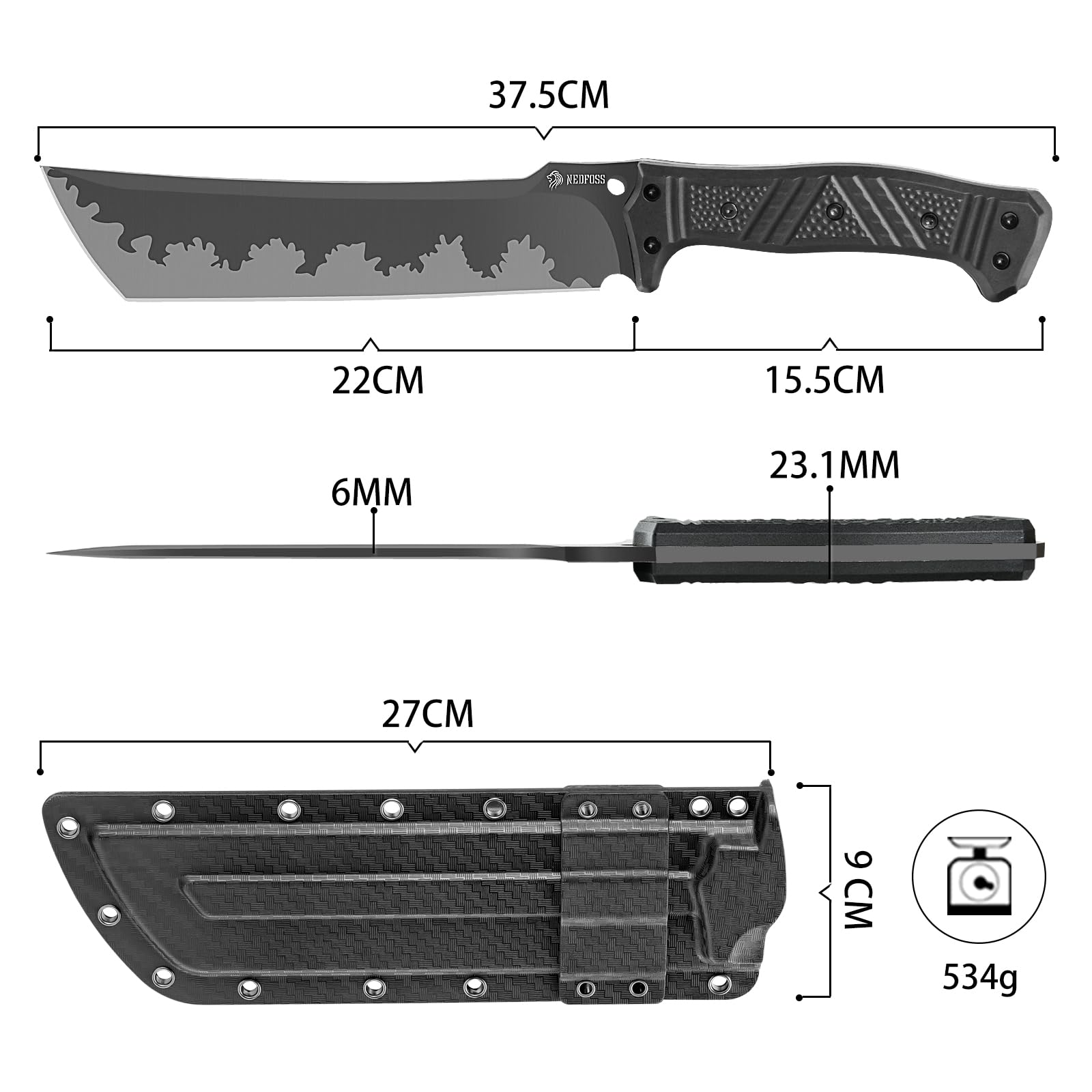 NedFoss FÖRSTER Machete, 37.5CM großes FULL TANG Survival Machete aus einem Stück Stahl mit Scheide, Scharfes Outdoor Messer, Buschmesser für Gartenarbeit, Bushcraft & Outdoor