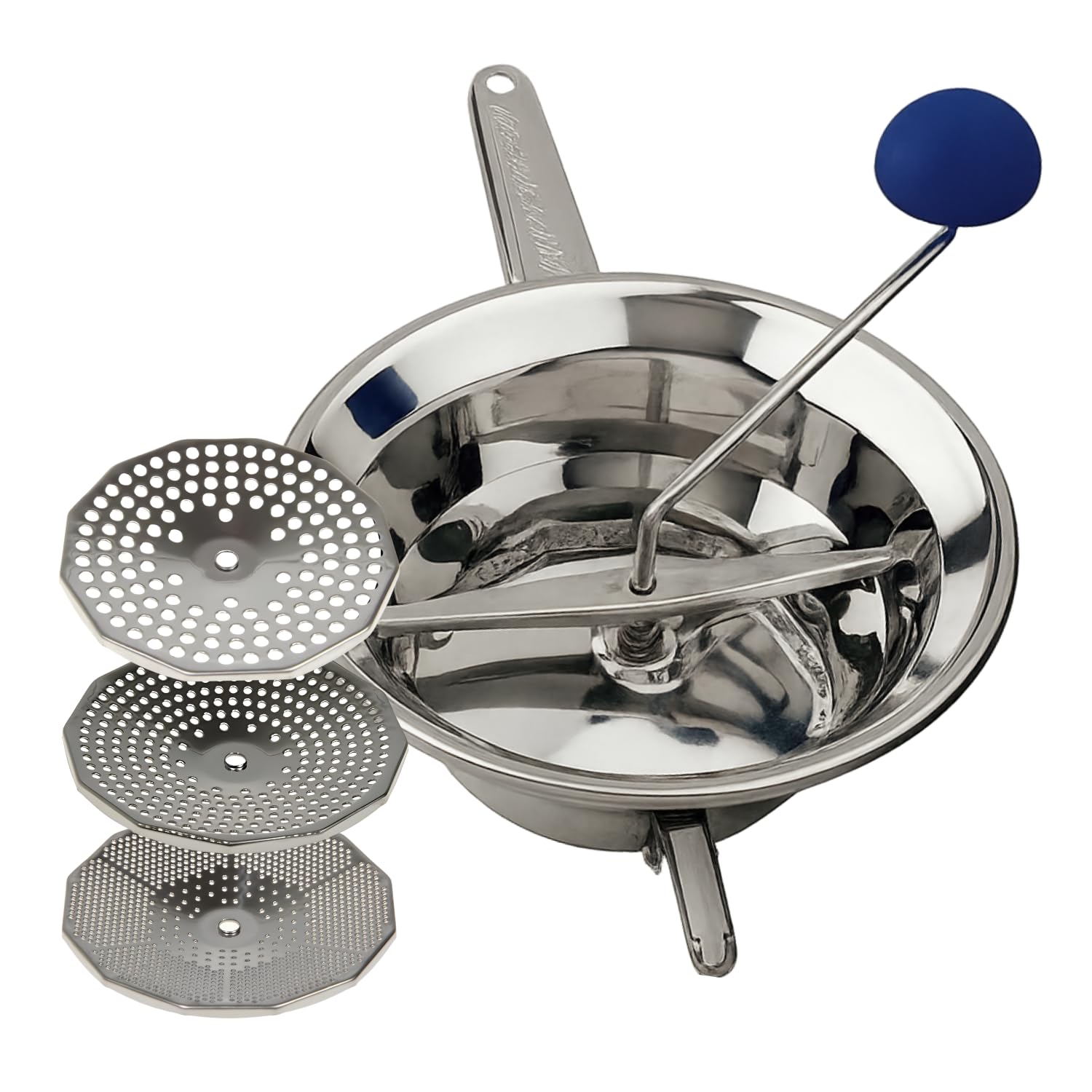 Virsus Passatutto in acciaio inox 18/10, DIAMETRO 24cm, 3 Dischi in dotazione, passaverdure manuale antiruggine per schiacciare patate, verdure, legumi, zuppe, salse, pomodori, Made in Italy