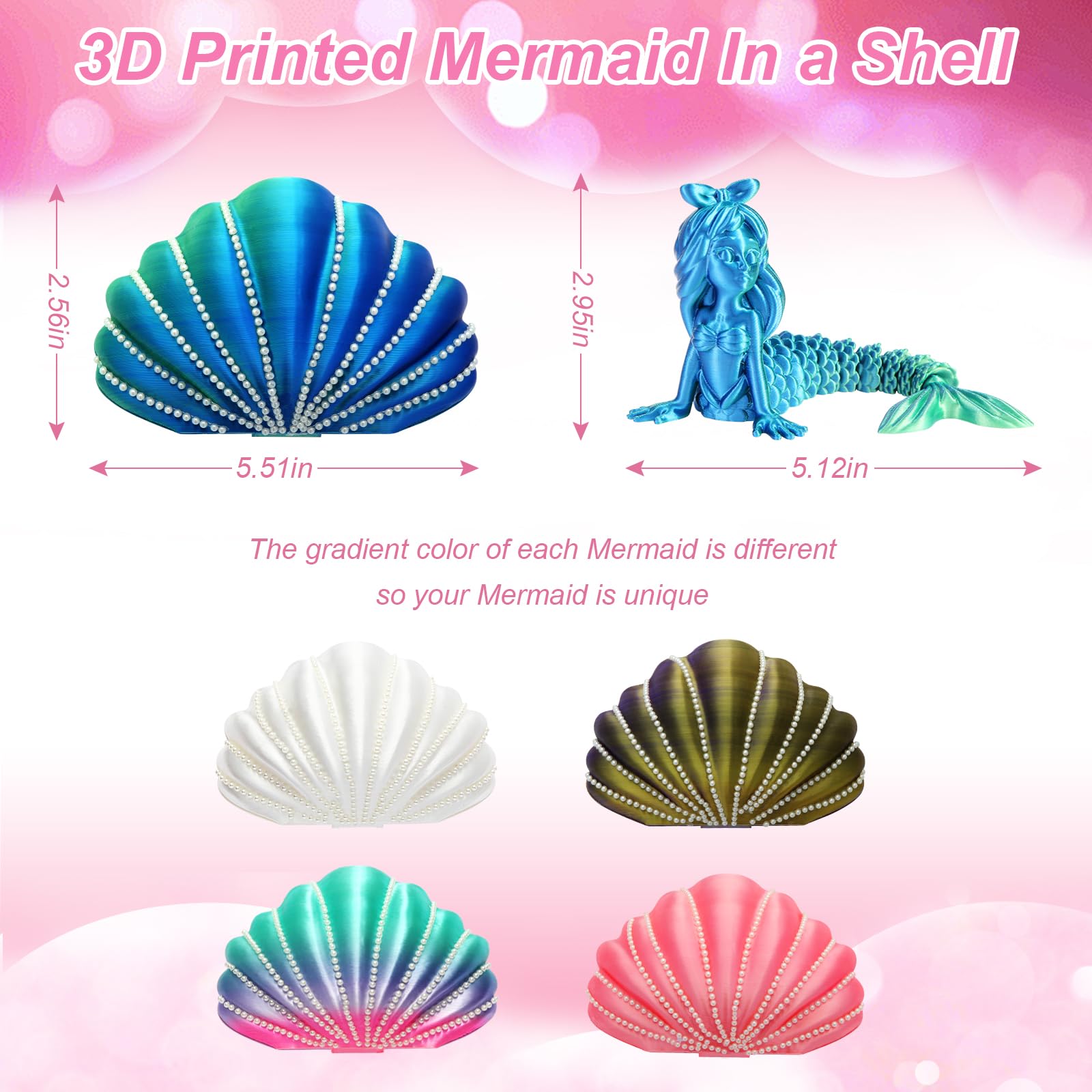 YUE MOTION 3D Printed Mermaid in a Shell - DIY Craft Kit for Kids, Creative Handmade Toy, Decorative Ornament, Parent-Child Activity, Creative Gift for Girls & Boys (Laser Blue)