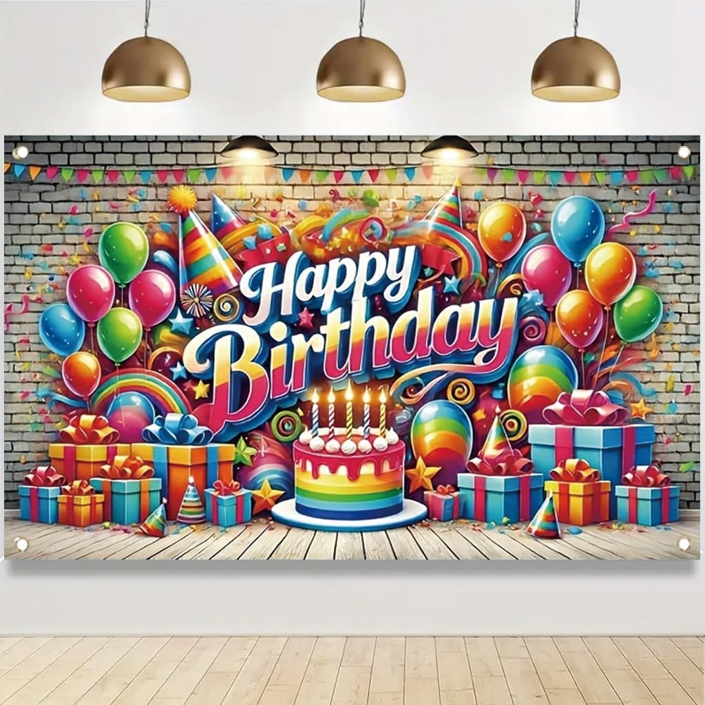 Rainbow Party 71x43 Inch Banner Happy Birthday Decoration Colorful Balloons Cake GiftsCelebration Decor for Kids Adults