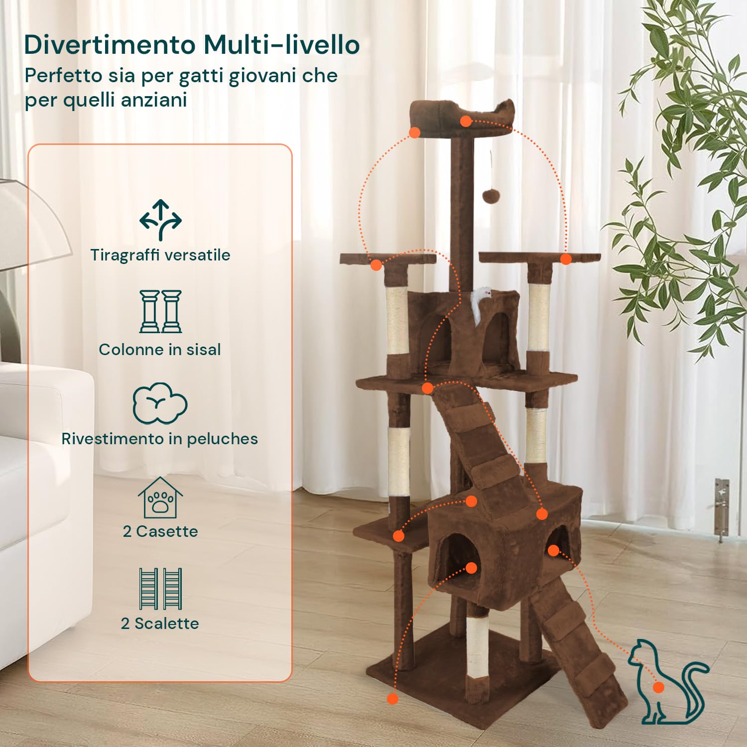 Tiragraffi XXL 170cm con Doppia Cuccia per Gatti Adulti, Albero Giochi in Sisal e Peluche, Piatteforme Relax, Ampio e Sicuro per il Massimo Divertimento dei Gatti Marrone