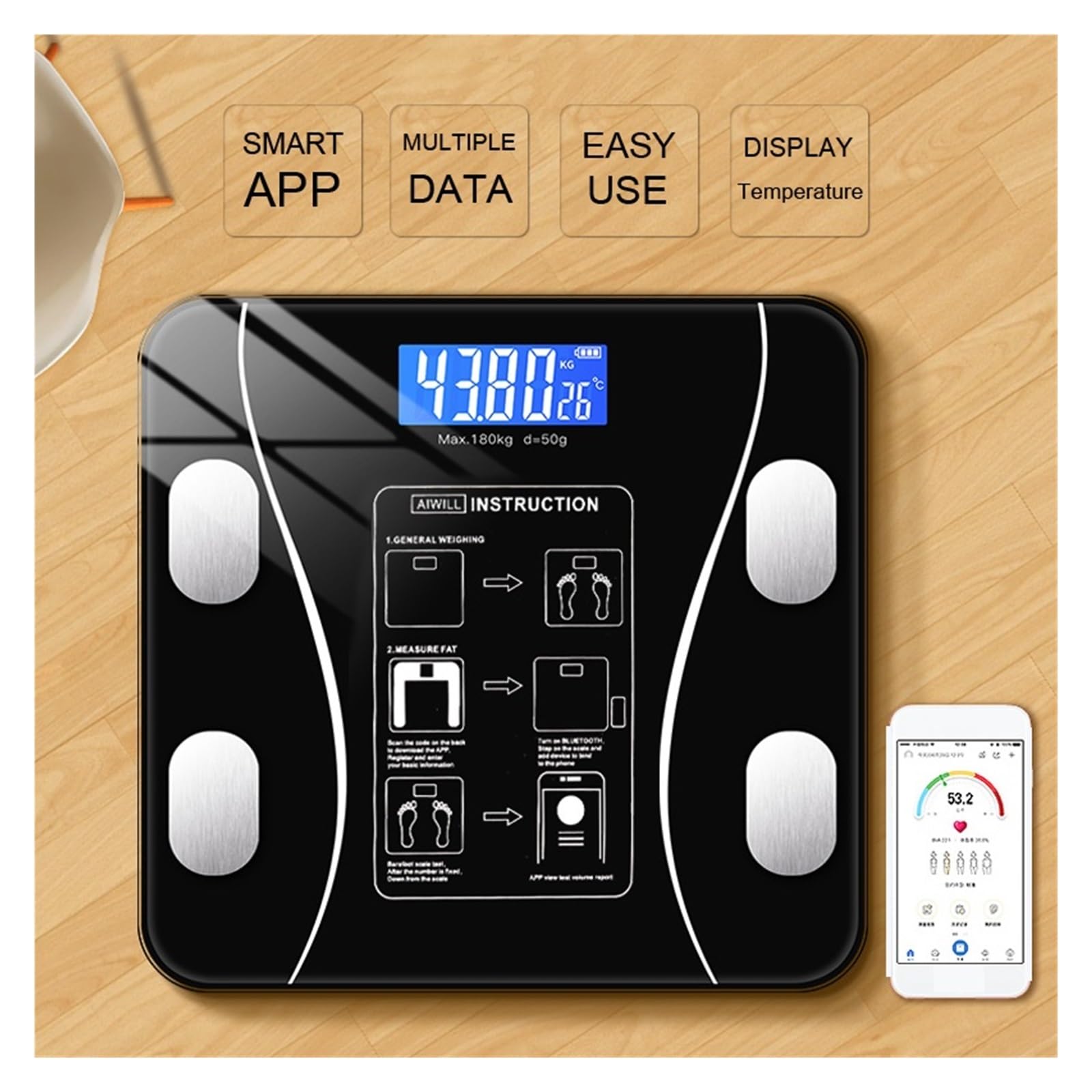 Analyseur De Santé De Compositions De Forme Physique De Corps Intelligent Avec L'échelle De Poids Numérique Sans Fil Rechargeable D'USB D'échelle De Smartphone(Batteries)