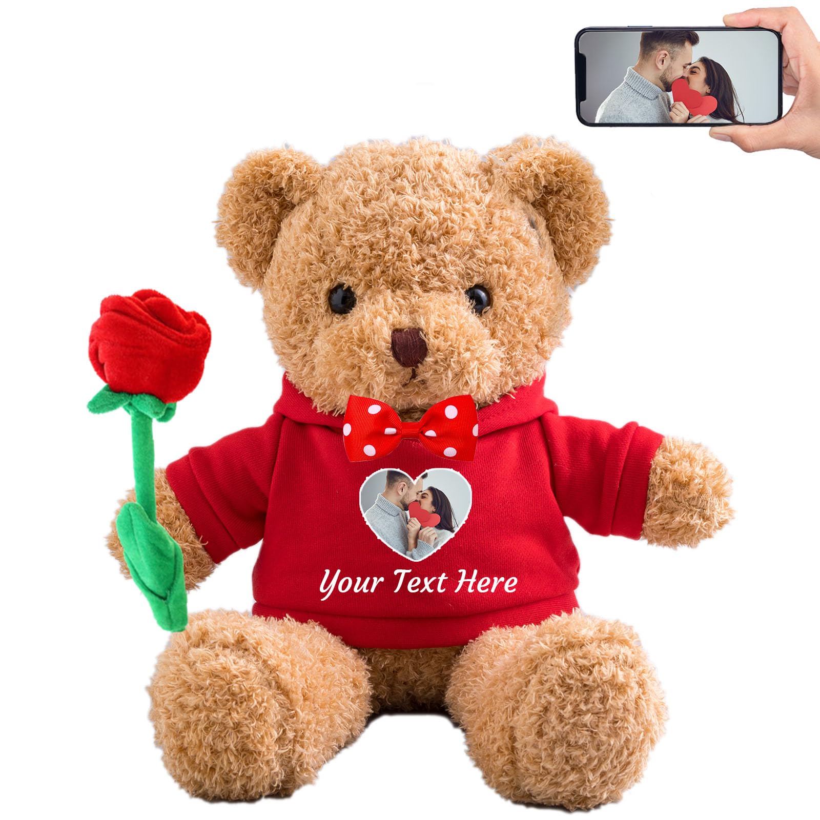 Personalised Teddy Bear with Photo and Custom Text, Valentine Bear with Rose and Bow for Her/ Him as Personalised Gifts for Women as Valentines/ Birthday/ Anniversary (16 IN-Hoodie Red) — image 1