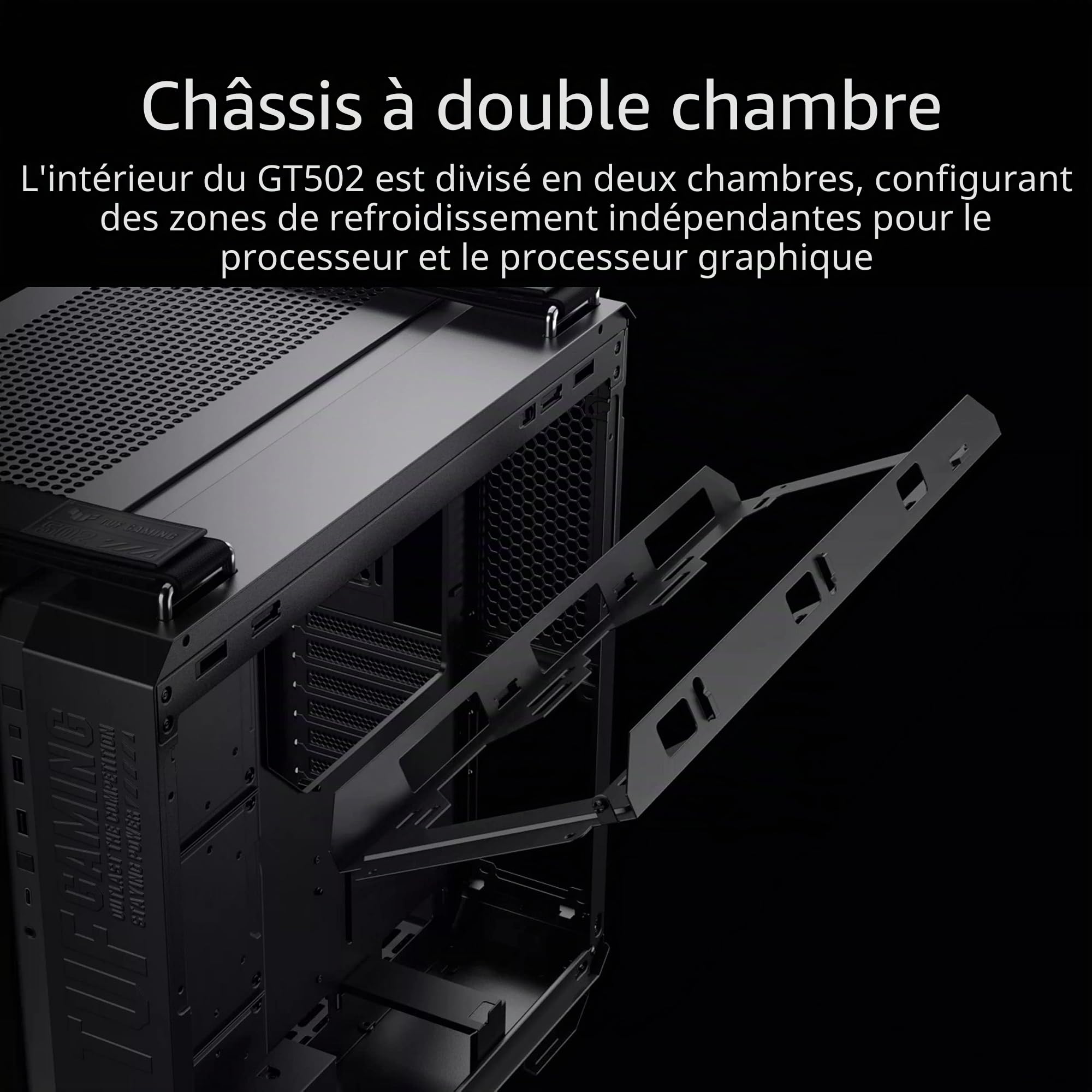 ASUS TUF Gaming GT502 Plus - Boîtier PC Gaming ATX, Double Chambre indépendantes pour CPU et GPU, Panneaux latéraux sans Outils, USB Type-C Haut débit à l’Avant​, 4 x Ventilateurs ARGB, Noir