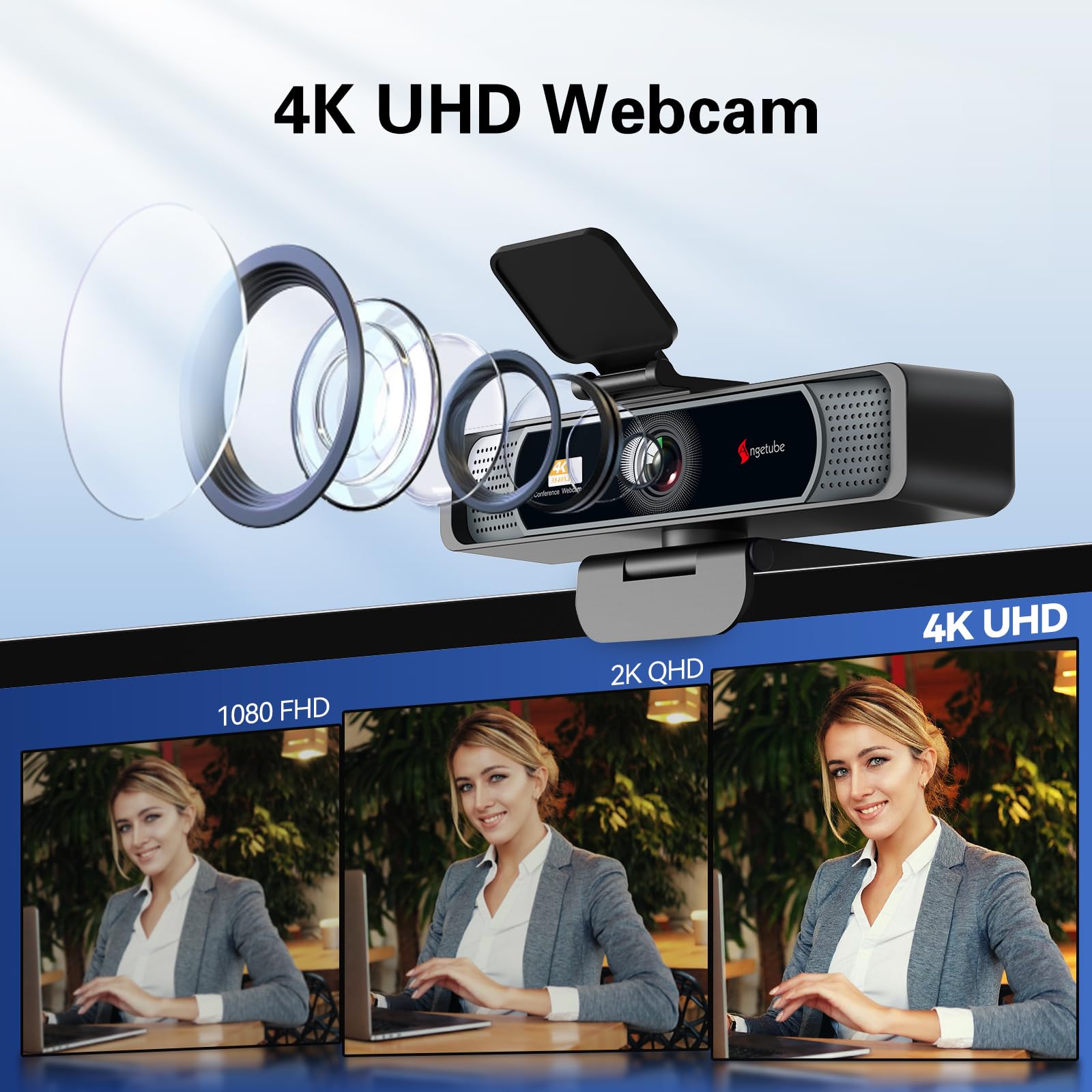 Angetube Webcam 4K,Caméra PC Grand Angle 120° pour Conférences et Streaming