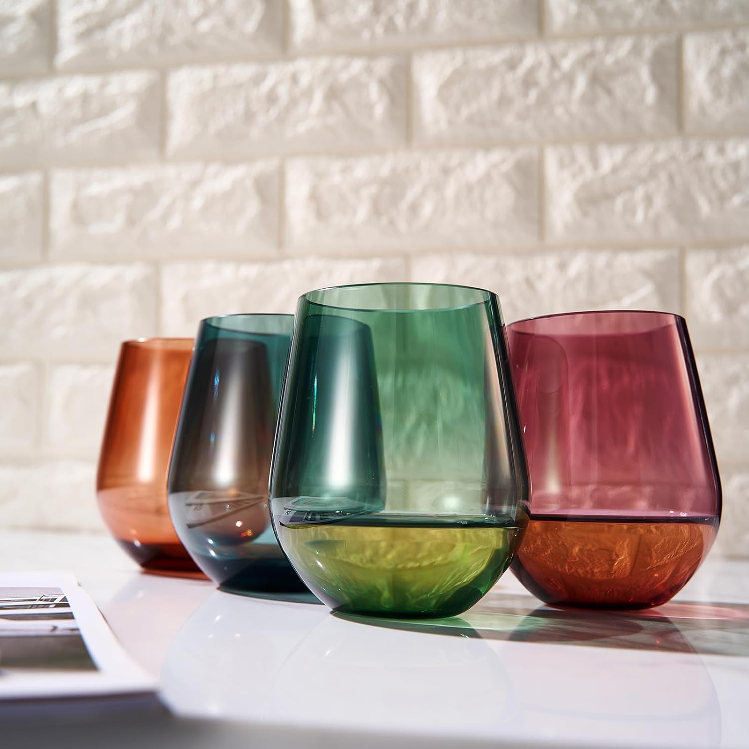 Tritan BPA-Free Plastic Shatterproof Stemless Wine Glasses, - 4 Set - Acrylic Glass Drinkware, Unbreakable Colored, Reusable, Dishwasher Safe, All Purpose Glassware 15oz - Tumblers, Indoor and Outdoor - Image 8