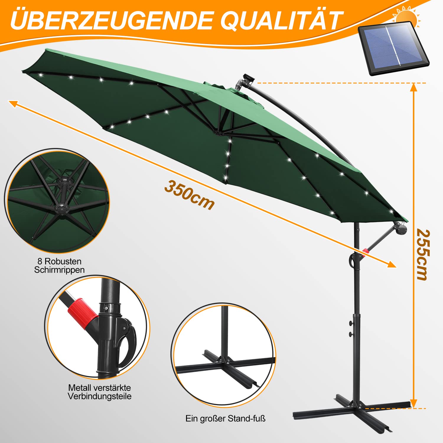 Daromigo Parasol przeciwsłoneczny, 300/350 cm, z korbą, ze stojakiem, ochrona przed słońcem, ochrona przed promieniowaniem UV, aluminium, z korbą, wodoszczelny do ogrodu