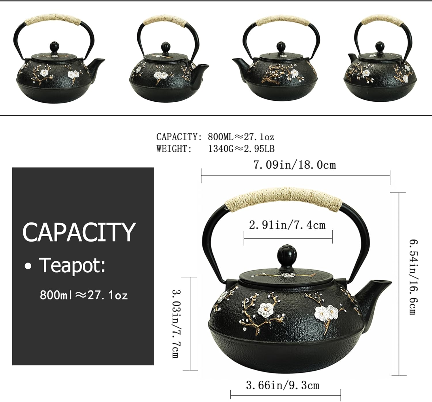 YJX 27oz Small Cast Iron Teapot for Stovetop, Japanese Tetsubin with Enamel, Beautiful Decorative Tea Pot, Durable Tea Kettle with Stainless Steel Infuser for Loose Tea(800ML)