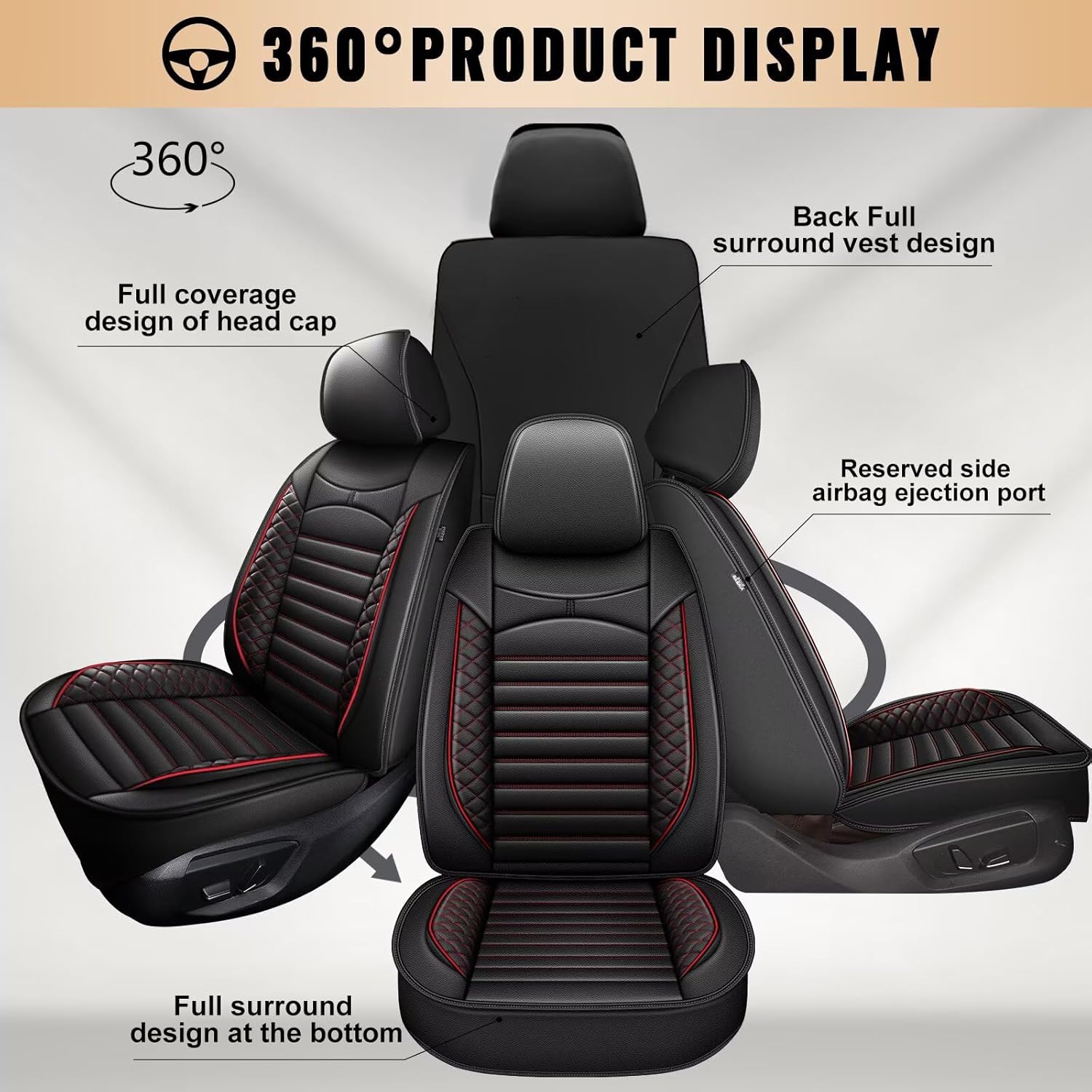 Car Seat Covers Fit for Honda Ridgeline 2006-2025: First Row 2PCS Faux Leather Seat Cover Waterproof Seat Protectors Automotive Seat Cushion(Black & Red)-2 Front Set