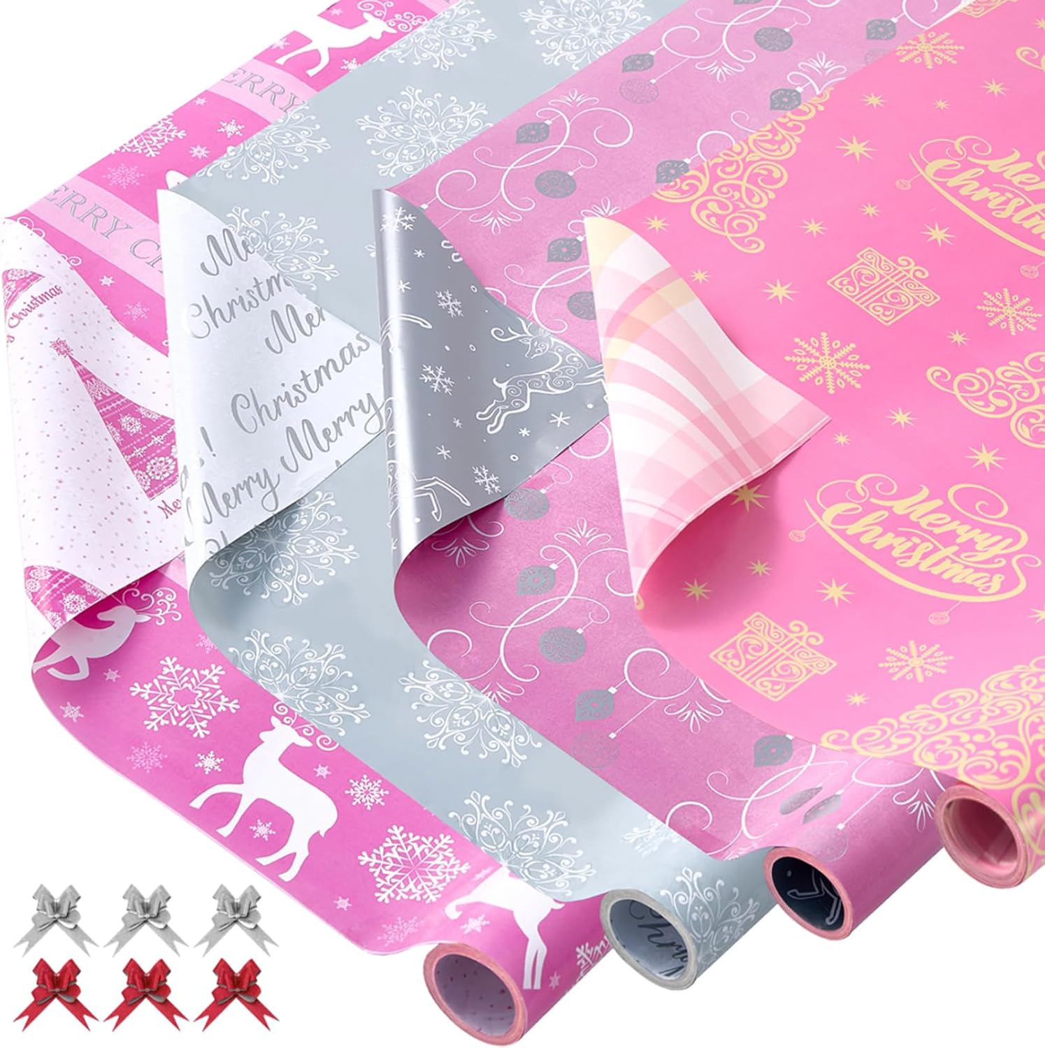 EWES Princess Christmas Wrapping Paper 4 Rolls Set,Pink Silver Gift Wrap