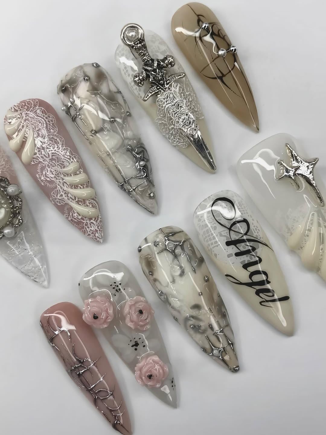 Handmade Angelic Vintage Press On Nails Long Stiletto Lace Silver Accent Marble Nail Art Set