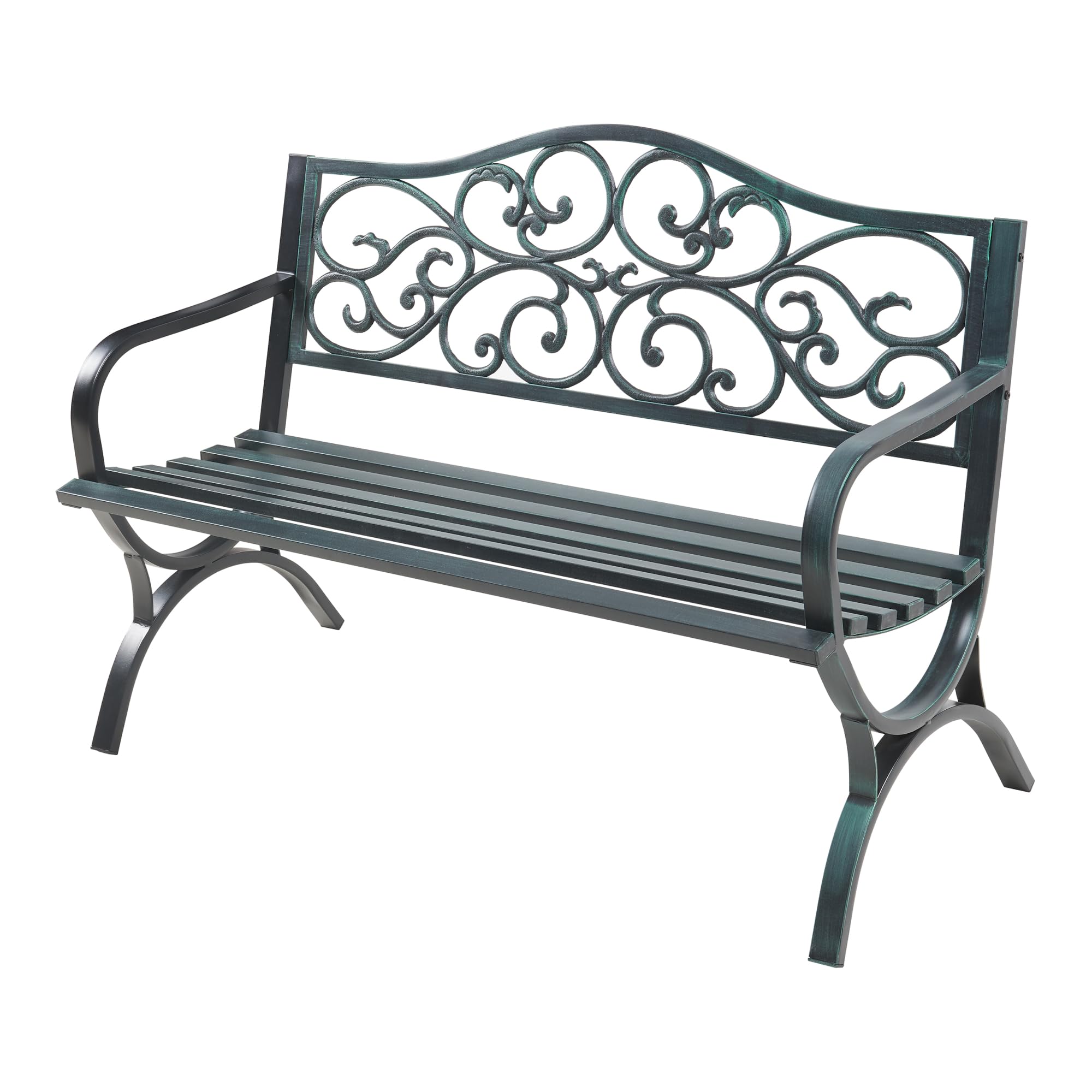 casa.pro Banco de Jardín Exterior Utav Resistente Sofá de 3 Plazas con Respaldo y Reposabrazos Diseño Vintage para Terraza Patio máx. 300 kg Acero 127 x 53 x 79 cm - Gris Oscuro con Pátina Verde