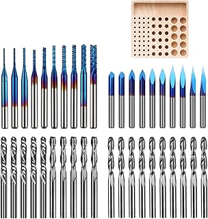 40pcs End Mills CNC Router Bits with Milling Bit Storage Tray, 1/8" Shank CNC Cutter Milling Carving Bit Set Including 2-Flute Flat Nose & Ball Nose, V-Bit with Nano Blue Coating Bits