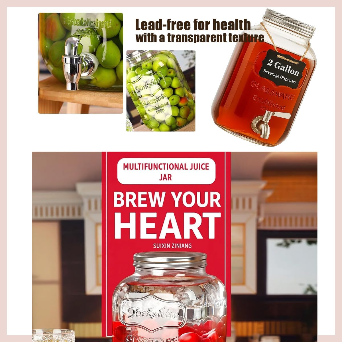 2 Gallon Christmas Drink Dispenser with 18/8 Stainless Steel Spigot – Glass Mason Jar for Sun Tea, Iced Lemonade, Holiday Parties, Outdoor Use & Laundry Detergent Holder