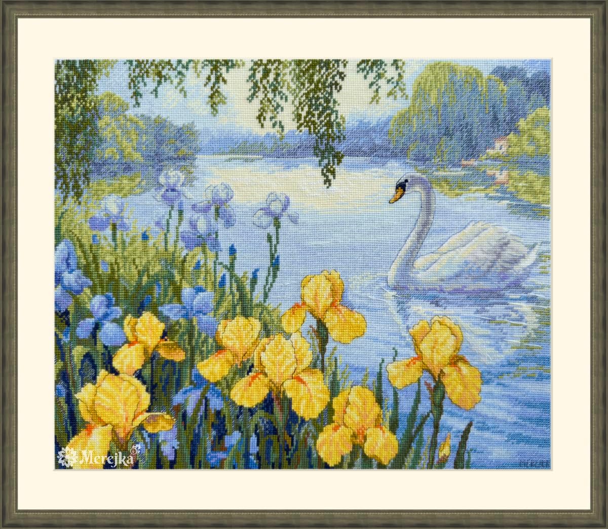 Merejka Counted Cross Stitch Kit – Enchanted Pond K-263 | Swan & Iris Lake Scene | Zweigart Aida 16 Ice-Blue & DMC Threads | 41 Colors | 11×13 in (28×34 cm)