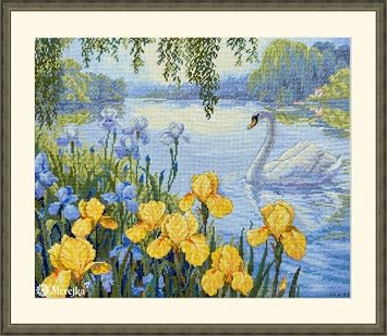 Merejka Counted Cross Stitch Kit Enchanted Pond K-263 | Swan & Iris Lake Scene | Zweigart Aida 16 Ice-Blue & DMC Threads | 41 Colors | 1113 in 2834 cm
