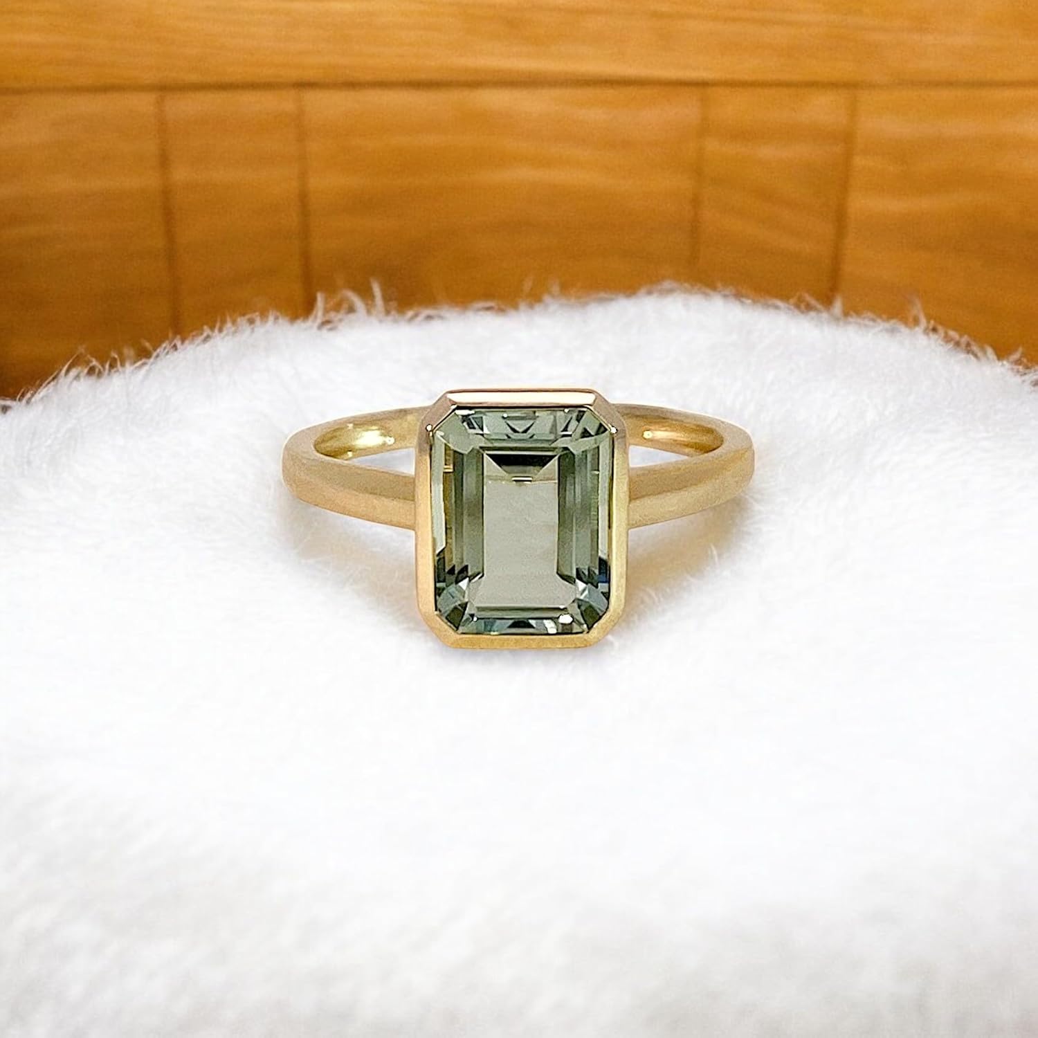 Green Amethyst (Prasiolite) Solitaire Ring - Emerald Cut Bezel Set in 14K Yellow Gold, Handmade Wedding Band Jewelry Gift for Women, Dainty Stackable Ring