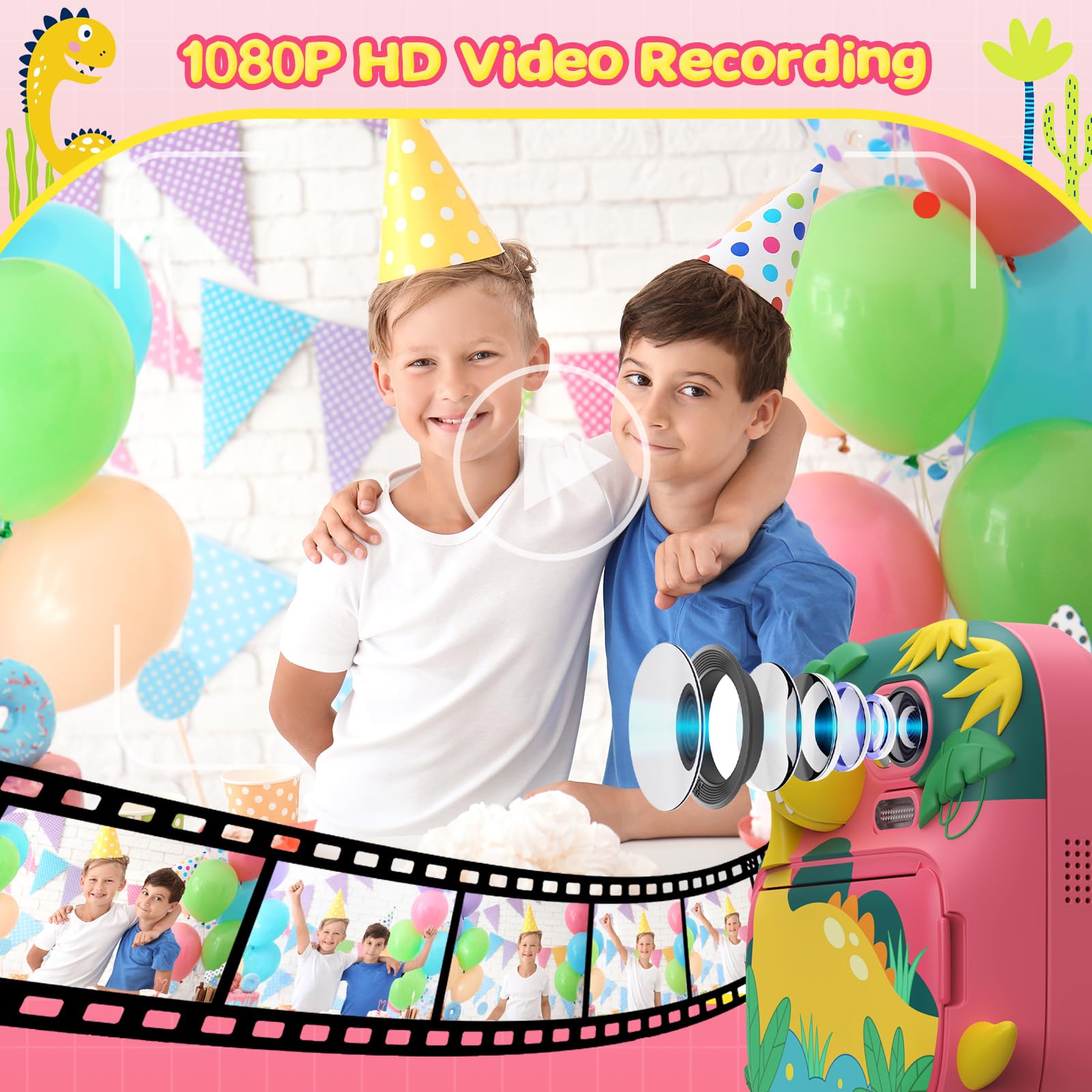 Macchina Fotografica Bambini Istantanea, CAMCLID 2,4 Pollici Fotocamera Bambini con 32GB Scheda, 12MP/1080P Fotocamera Digitale Bambini Dinosauro, Regali per Ragazzi Ragazze da 3-12 Anni (Rosa)
