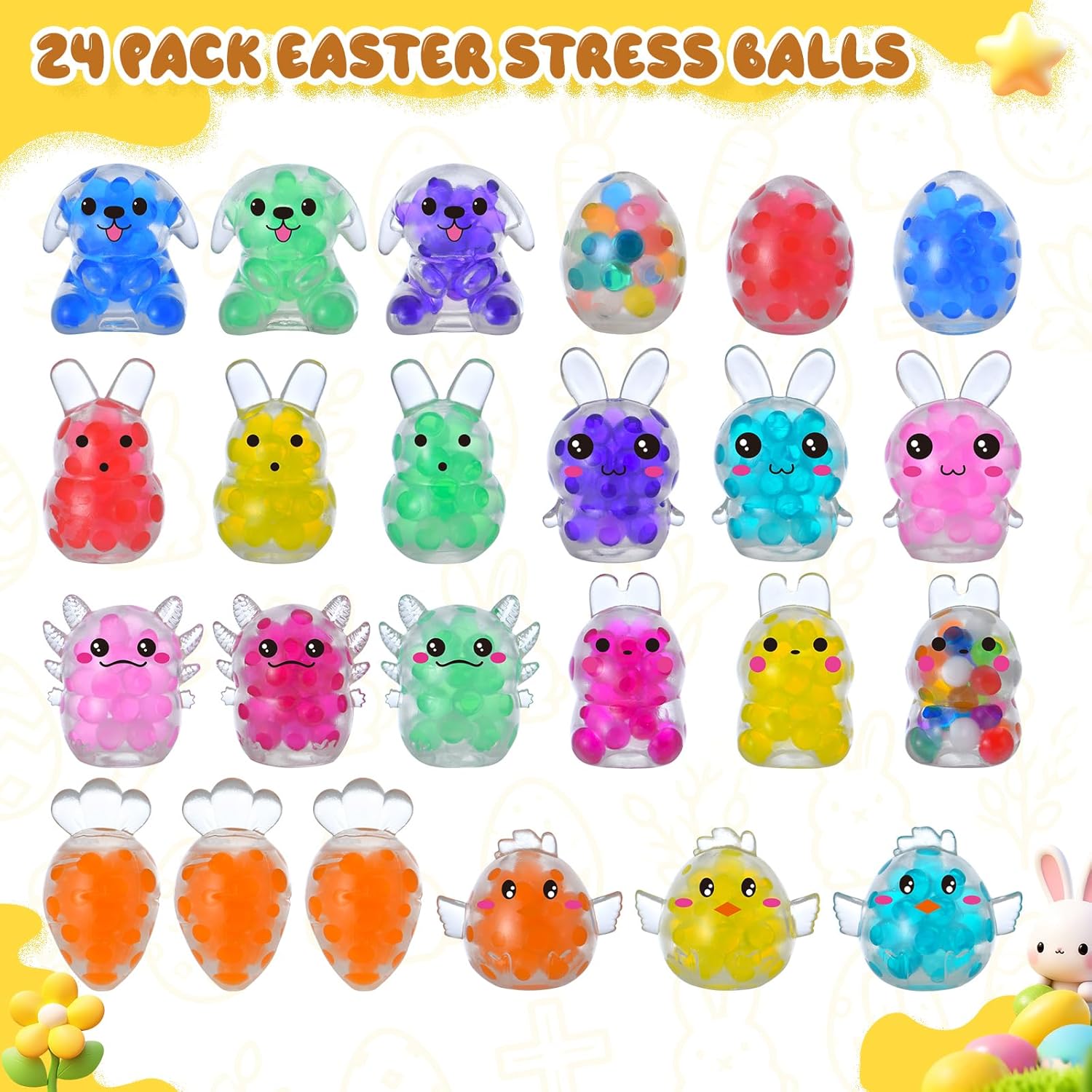 24 Pack Easter Squeeze Balls, Easter Bunny Axolotl Stress Balls Squishies Toys Stress Relief for Easter Basket Stuffers Easter Egg Fillers Party Favor Gifts - Image 2