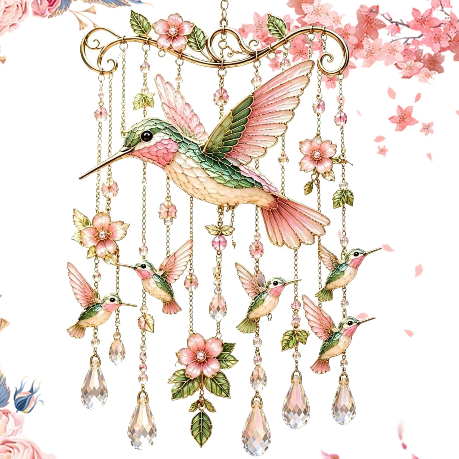 Graceful Hummingbird Wind Chime, Stained Glass & Crystal Sun Catcher Windchime, Colorful Bird Yard Decorations Outdoor, Memorial Gardening Gift for Women Mom Grandma (Pink Hummingbird)