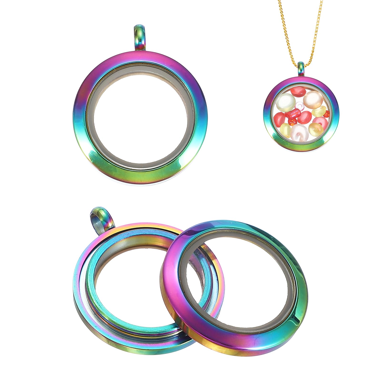 sourcing map 2 Pcs Living Memory Locket Charm, 12.7mm Round Floating Locket Pendants Stainless Steel Clear Glass Photo Charm for Women Necklace DIY Crafts Making Decoration, Colorful