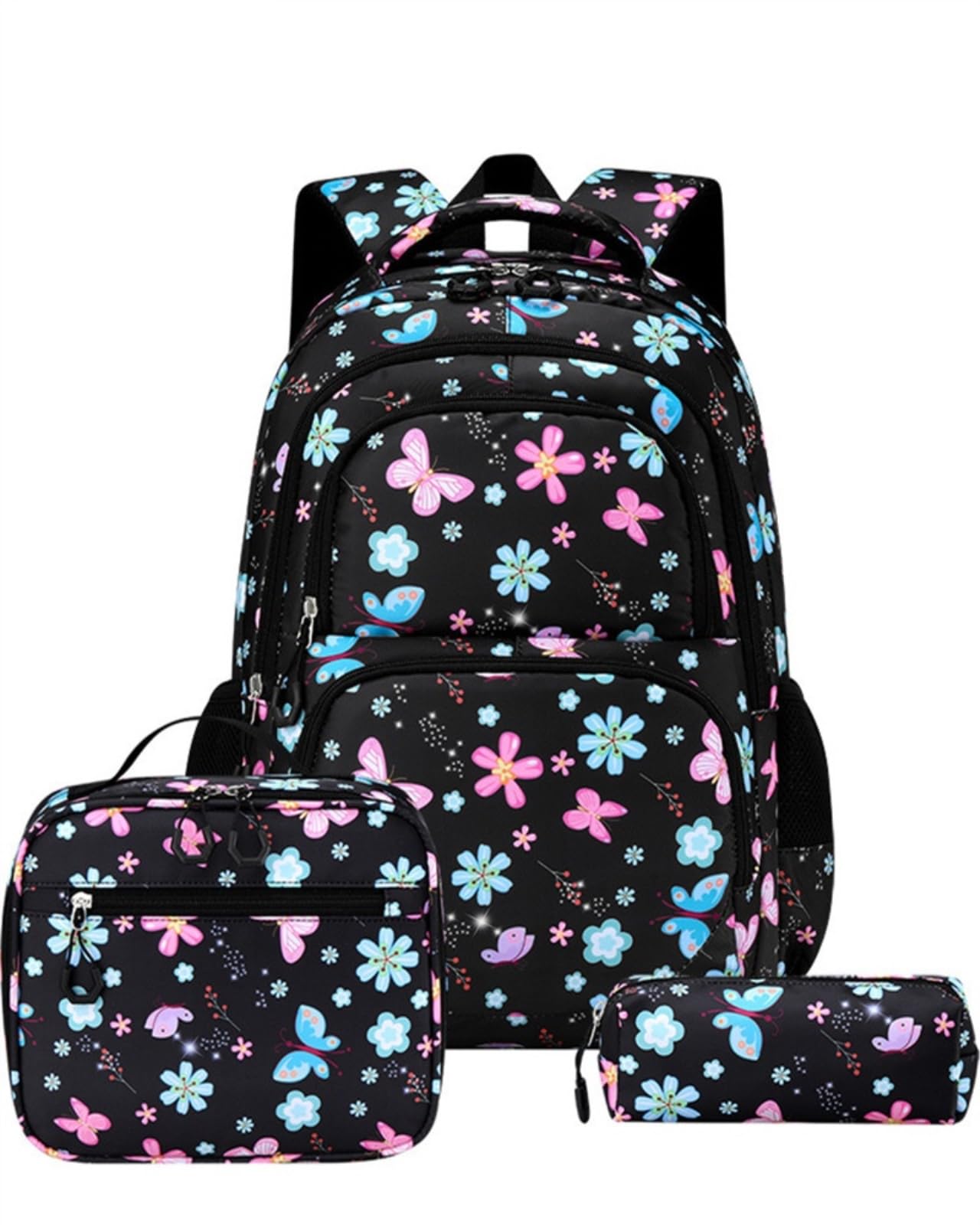 Zaino da Viaggio 3 in 1 Farfalla Florale Stampa Set Scolastico con Sacchetto A Pranzo E Borsa Matita per Ragazze Adolescenti
