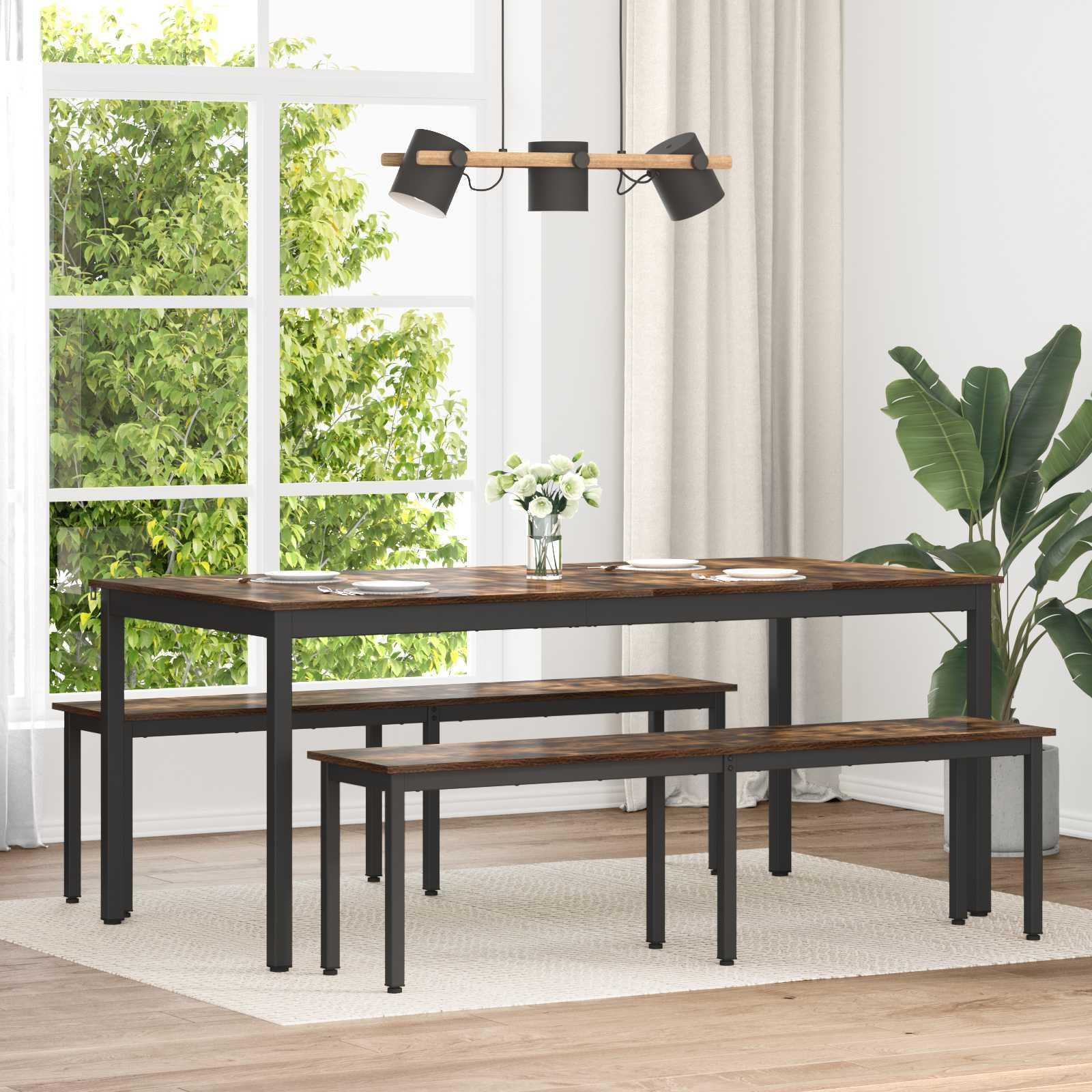 Banco de madera ahumada robusto y patas de metal de 160 cm elegante para salones modernos