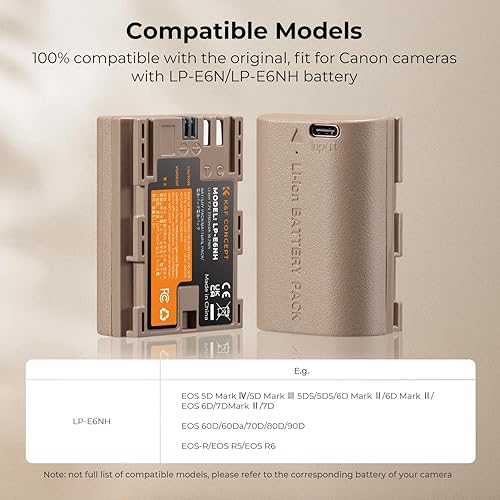 Miniatura 5 de K&F Concept Paquete de 2 baterías LP-E6NH con USB-C 2H de carga rápida R7 compatible con Canon R7 R6 R5, 5D 6D 7D Mark II III IV, 90D 80D 70D,