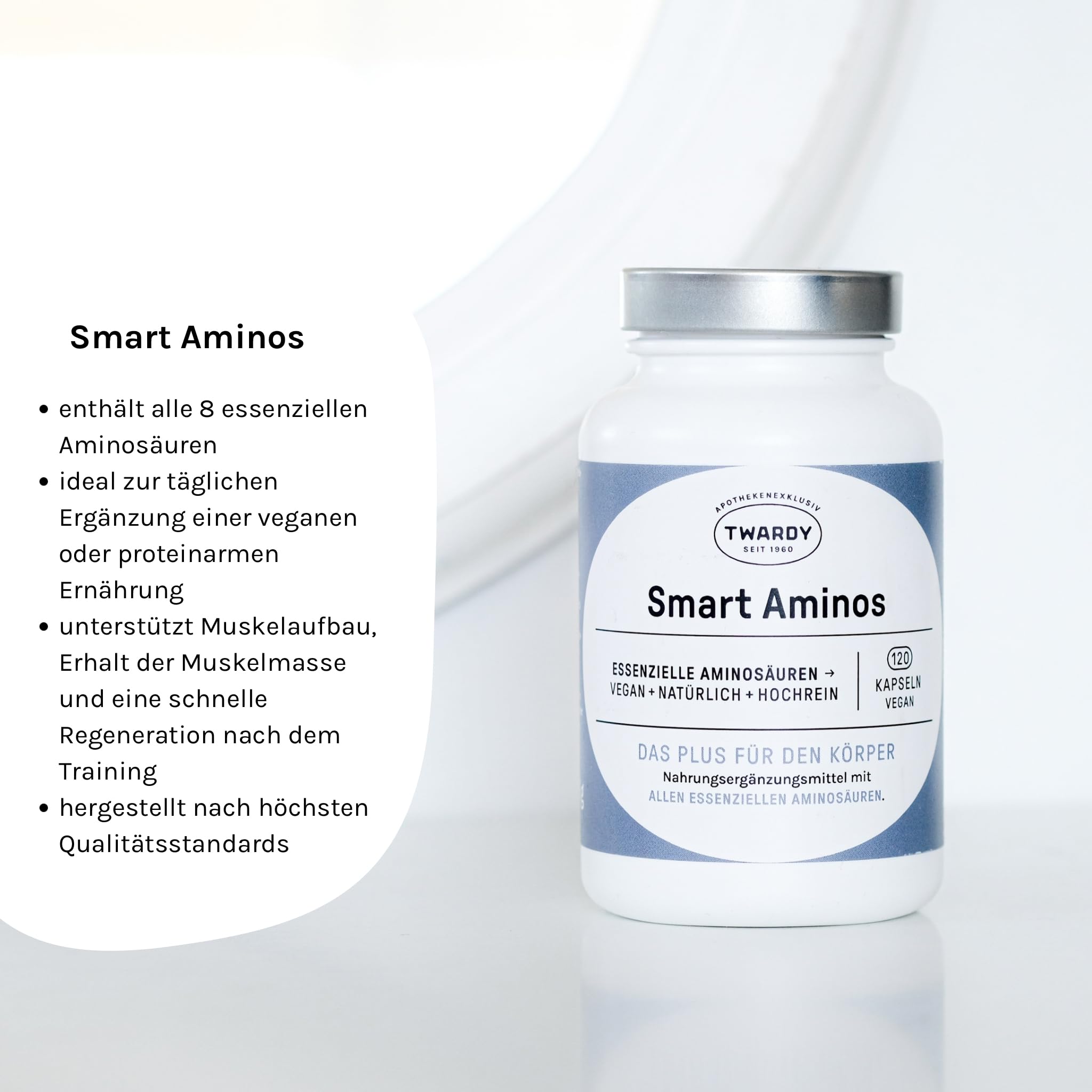 Astrid Twardy Smart Aminos Kapseln Vegan – Essenzielle Aminosäuren für deinen Körper – Ohne Zusatzstoffe, 100 % vegan & laktosefrei – 120 Kapseln