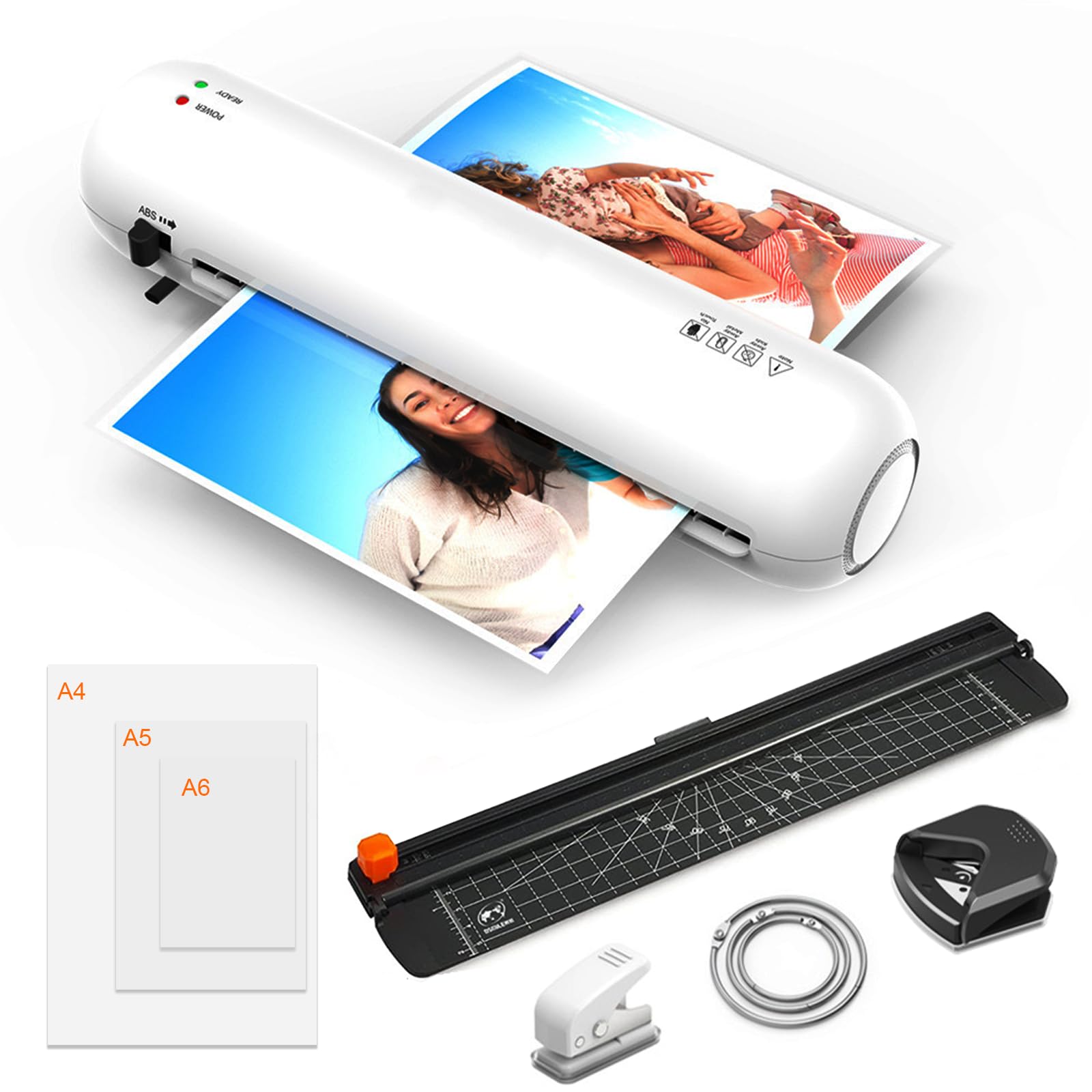 A4 Laminator Machine, 9 inch Thermal and Cold Laminators with 15 Laminating Pouches, Portable Laminator No Bubble for Home/Office/School use (White)