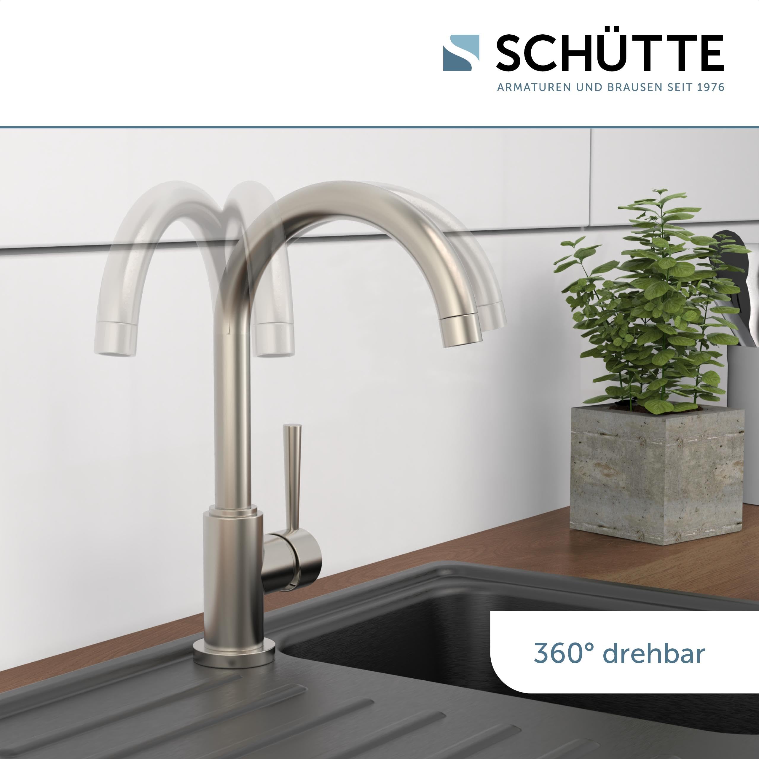 SCHÜTTE 79129 CORNWALL Küchenarmatur Niederdruck, Spültischarmatur mit hohem Auslauf, Einhebelmischer, energiesparend, 360 ° schwenkbar, Wasserhahn Küche, Armatur Spüle, Edelstahl
