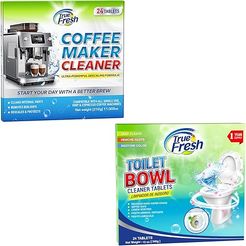 True Fresh Paquete de 24 tabletas limpiadoras descalcificadoras para máquina de café, paquete de 24 tabletas limpiadoras de inodoro, paquete de 24