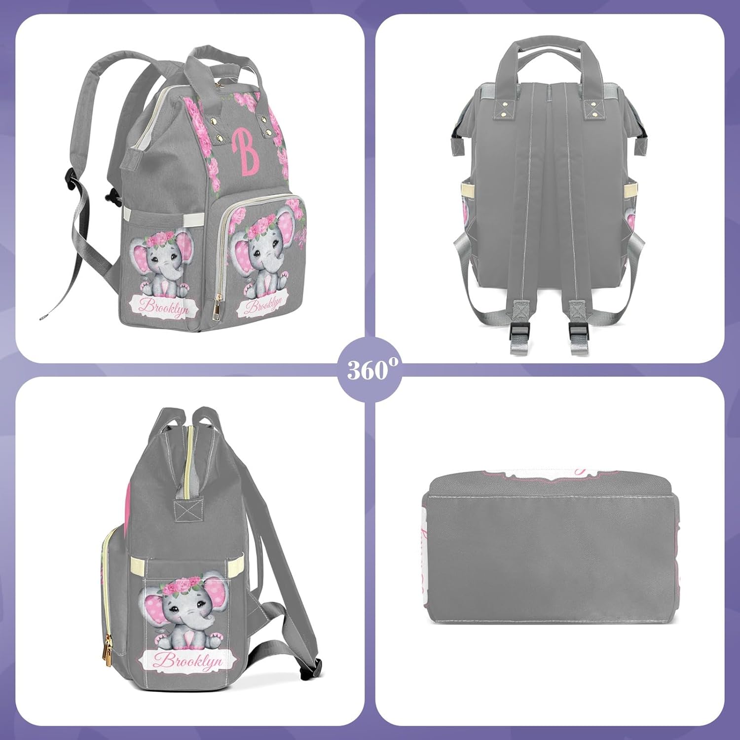Custom Diaper Bag with Name Personalized Multifunctional Mommy Backpack for Daughter Granddaughter, Grey Daypack Bag for Travel