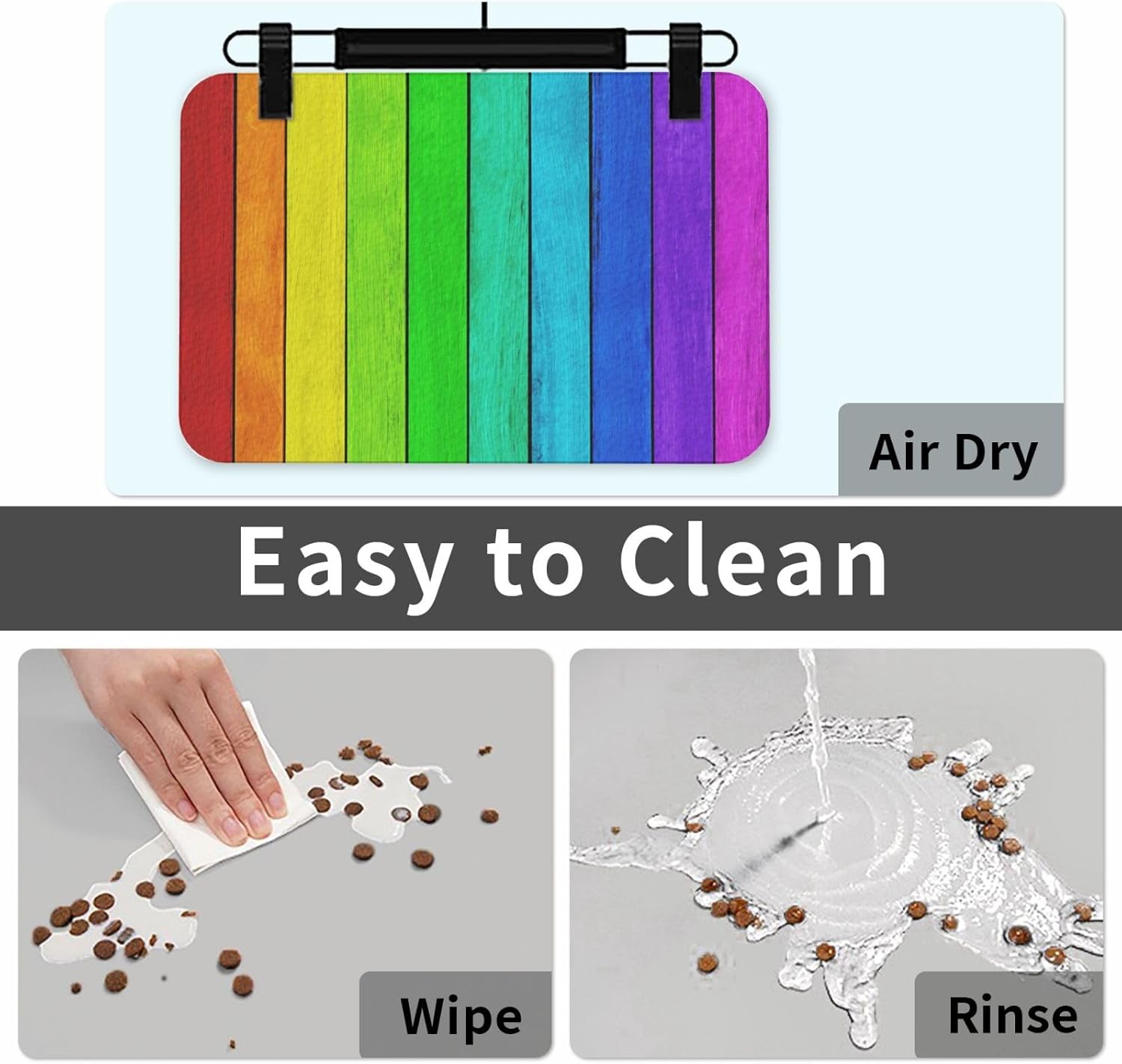 Dog Food Mat for Floors, Absorbent Cat Mat for Food & Water, Rainbow Colored Wood Background, Non-Slip Leather Pet Feeding Mats, Waterproof Dog Cat Food Mats, Quick-Dry Diner Placemat for Bowls