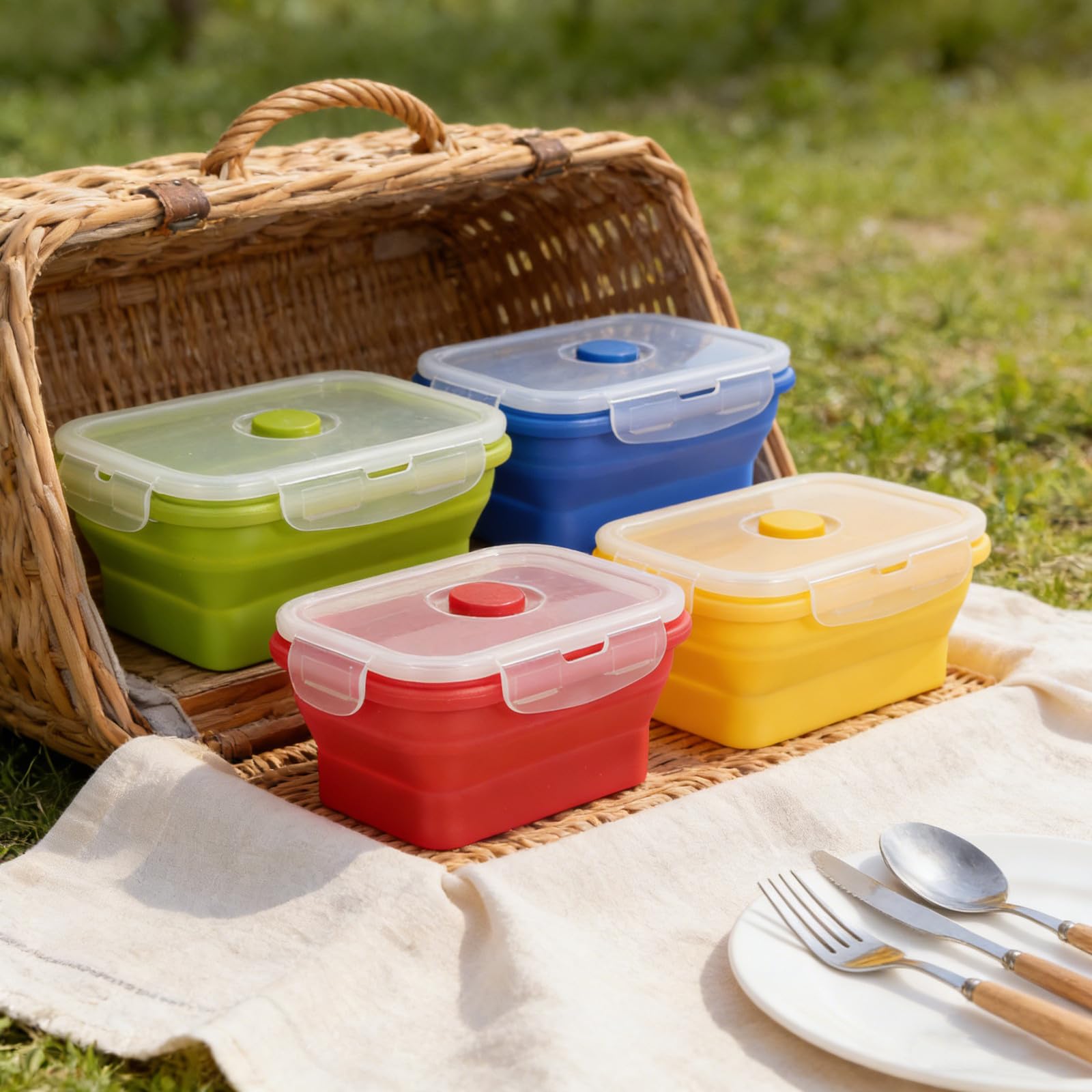 4 Piezas Recipientes Plegables de Silicona para Alimentos con Tapa Hermética, Aptos para Microondas y Bolsa de Viaje, Capacidad 350-1200ml, Estructura Flexible y Segura