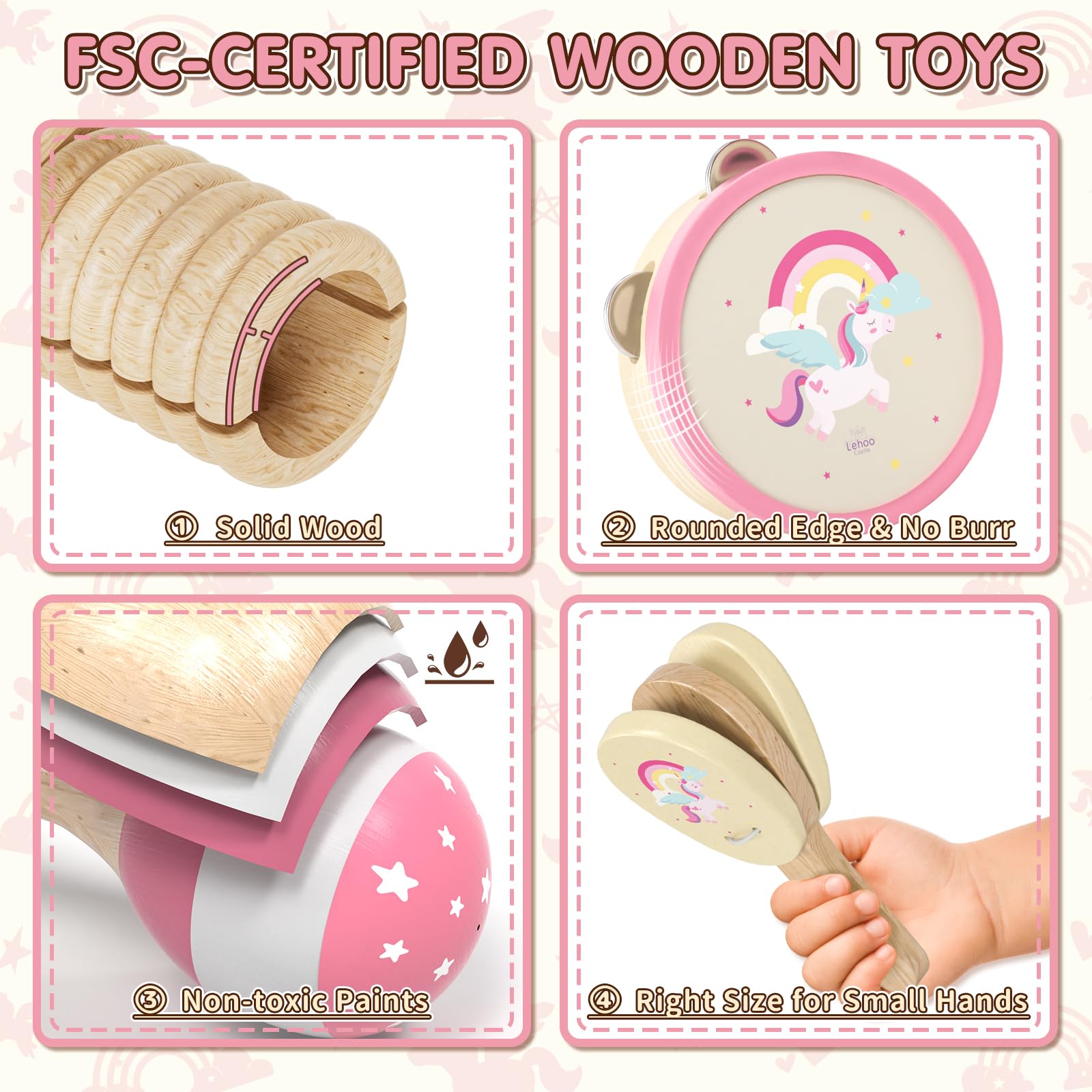 Lehoo Castle Musikinstrumente für Kinder ab 1 Jahr, Mädchen Montessori Spielzeug Geschenk 2 3 Jahre, Kinder Holz Instrumente Musik Set mit Xylophon & Tromme