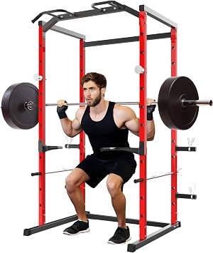 Heavy-Duty Power Cage with Pull-Up Bar, 1100LB Capacity Squat Rack for Home Gym Strength Training with Adjustable j-Hooks & Safety Bars