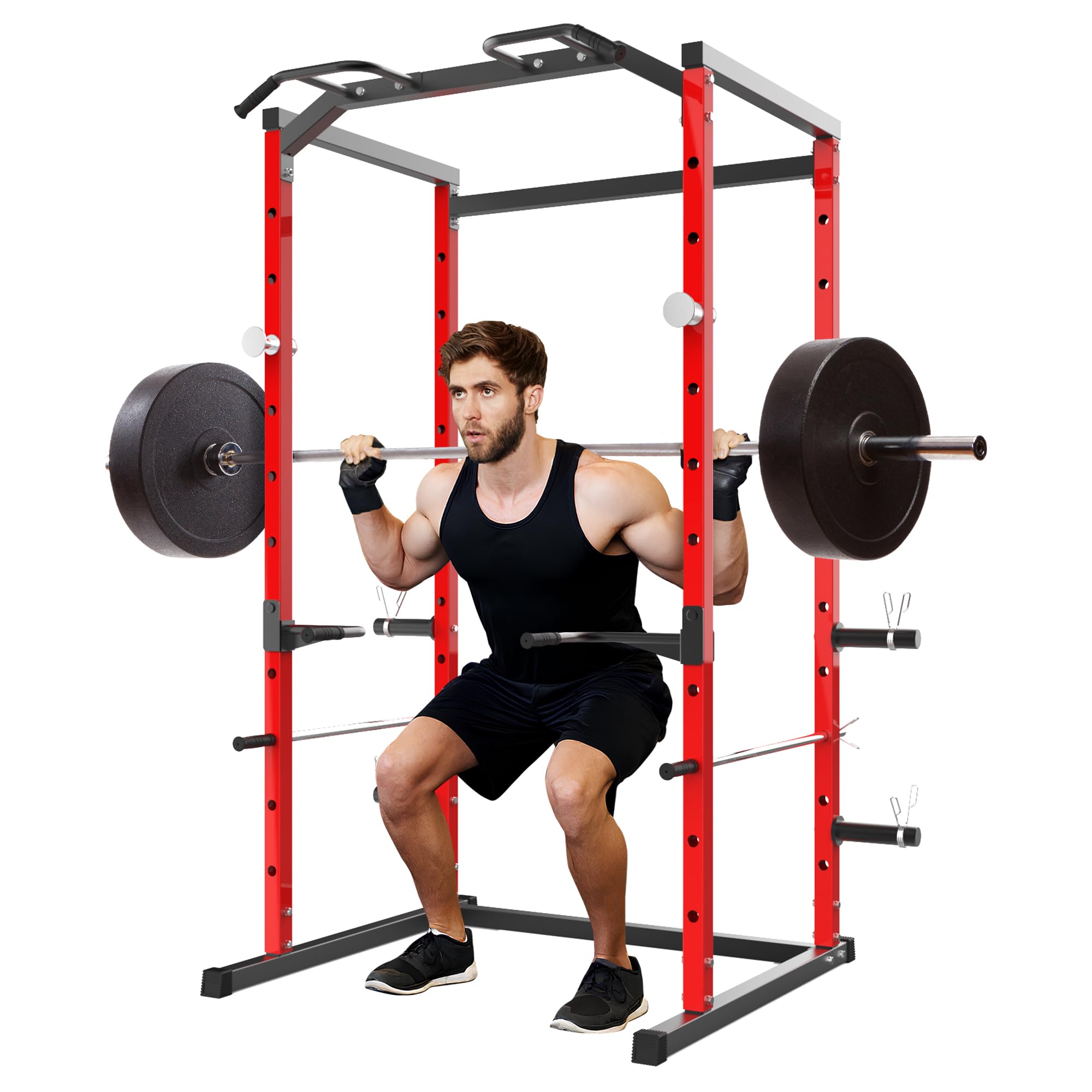 Garvee Cage de Musculation 1100 lbs pour Home Gym – Rack à Squat Multifonction avec Barre de Traction, Station dips, Barres de sécurité réglables – Idéal Force – Couleur Noir et rougeur