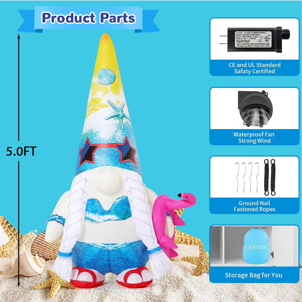 GOOSH 5 FT Summer Inflatables Gnomes Garden Decor with Flamingo, Hawaiian Beach Party Decorations for Yard Tropical Pool Home Porch